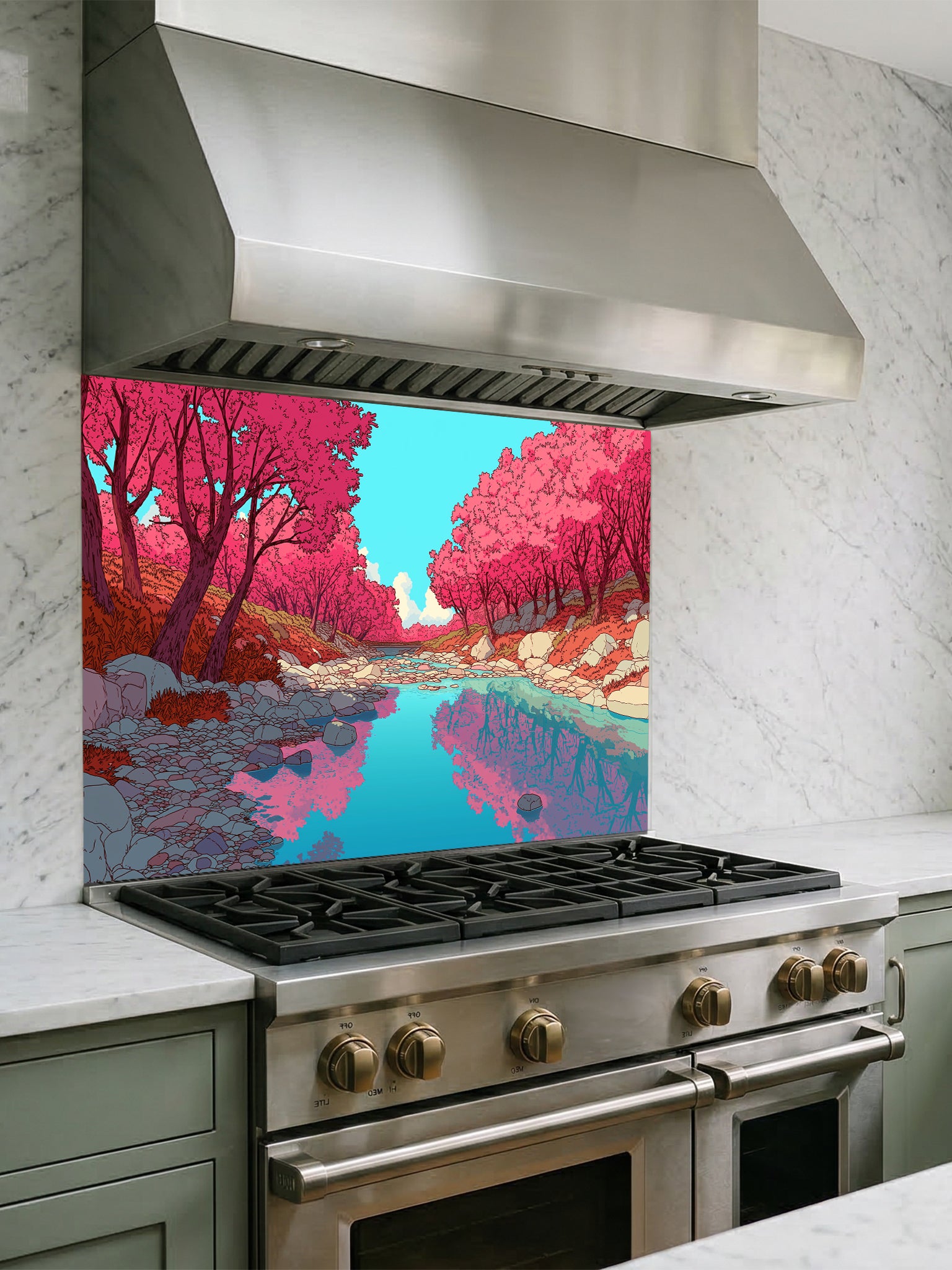 Anime style vibrant pink cherry blossom trees reflecting in a peaceful blue river, UV printed on a smooth tempered glass kitchen backsplash, installed behind a modern stove.
