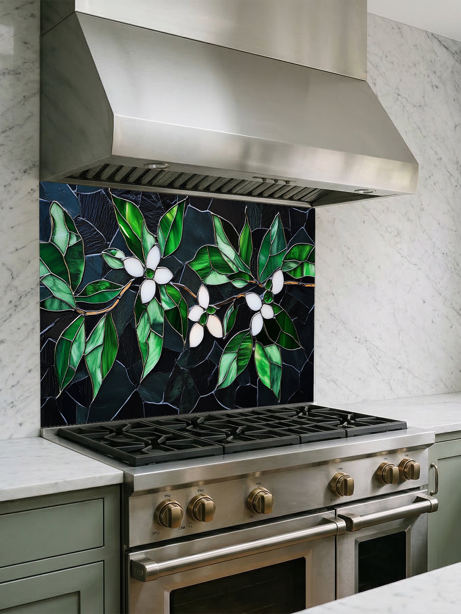 Tempered glass kitchen backsplash featuring a highly realistic 3D illusion of stained glass and cracked mosaic art showing delicate white blossoms and vibrant emerald green leaves gracefully sprawling across a dark, moody charcoal and black background, installed behind a modern black stove.