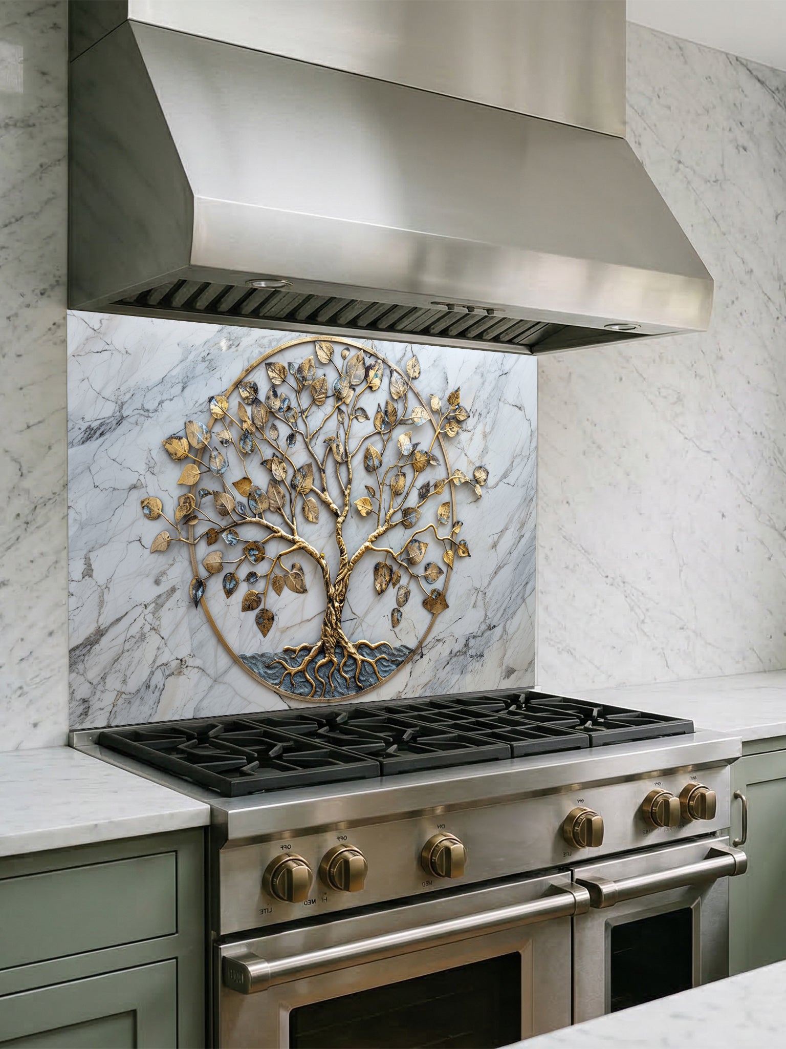 Faux 3D effect gold metal Tree of Life sculpture on an elegant white marble background, UV printed on a smooth tempered glass kitchen backsplash, installed behind a modern stove.