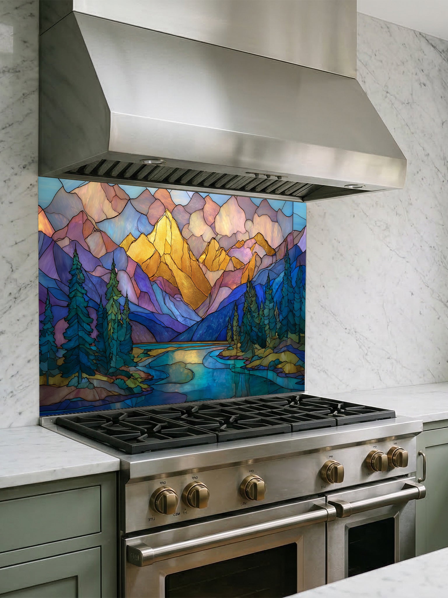 A cozy kitchen featuring a tempered glass backsplash with a beautiful stained glass effect landscape, showcasing majestic mountains, pine trees, and a winding river at sunset, installed behind a modern stainless steel stove.
