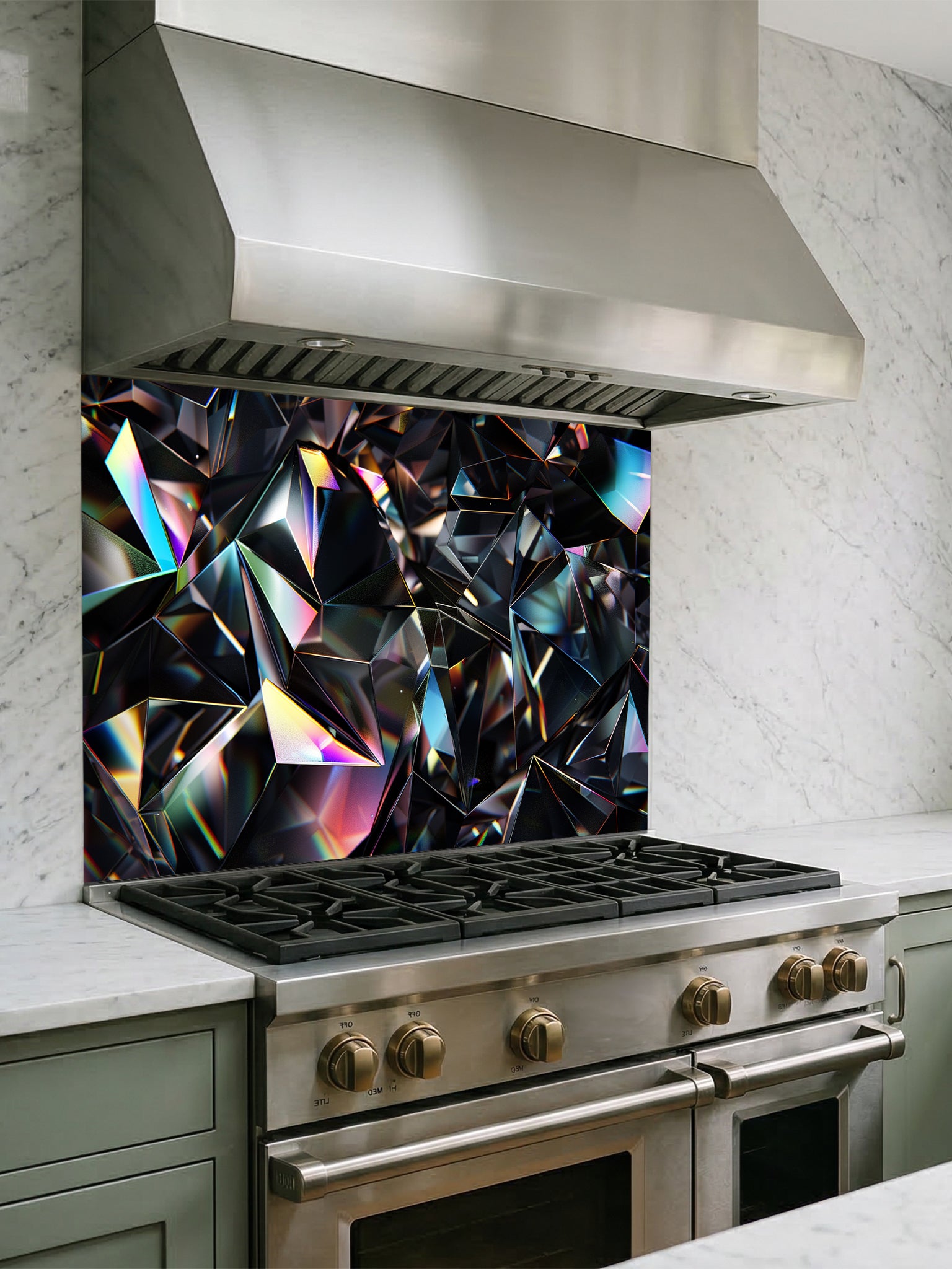 Faux 3D effect dark geometric crystal facets with iridescent rainbow edges, UV printed on a smooth tempered glass kitchen backsplash, installed behind a modern stove.