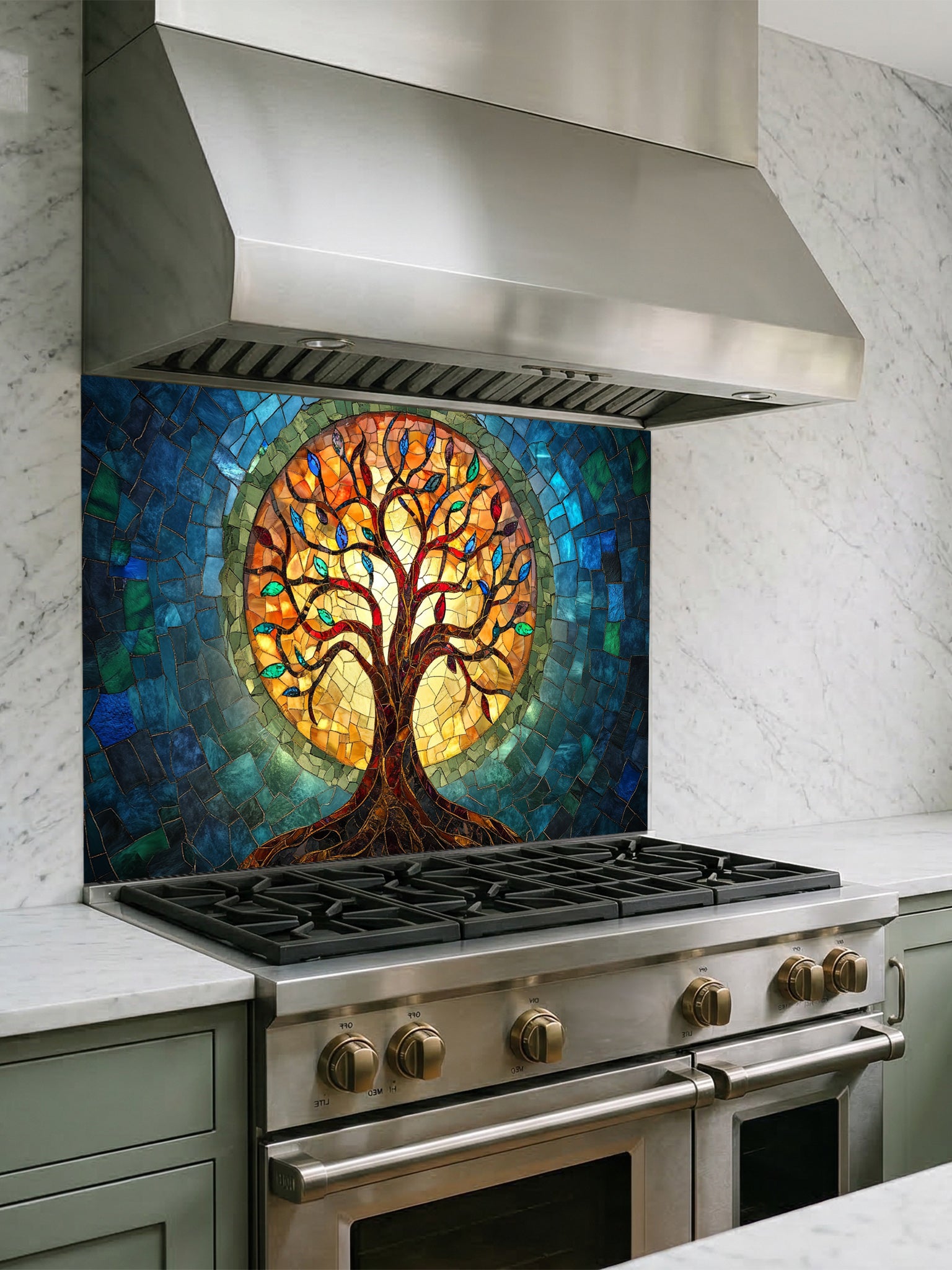 Stained glass mosaic style Tree of Life with vibrant blue, teal, and glowing amber colors, UV printed on a smooth tempered glass kitchen backsplash, installed behind a modern stove.