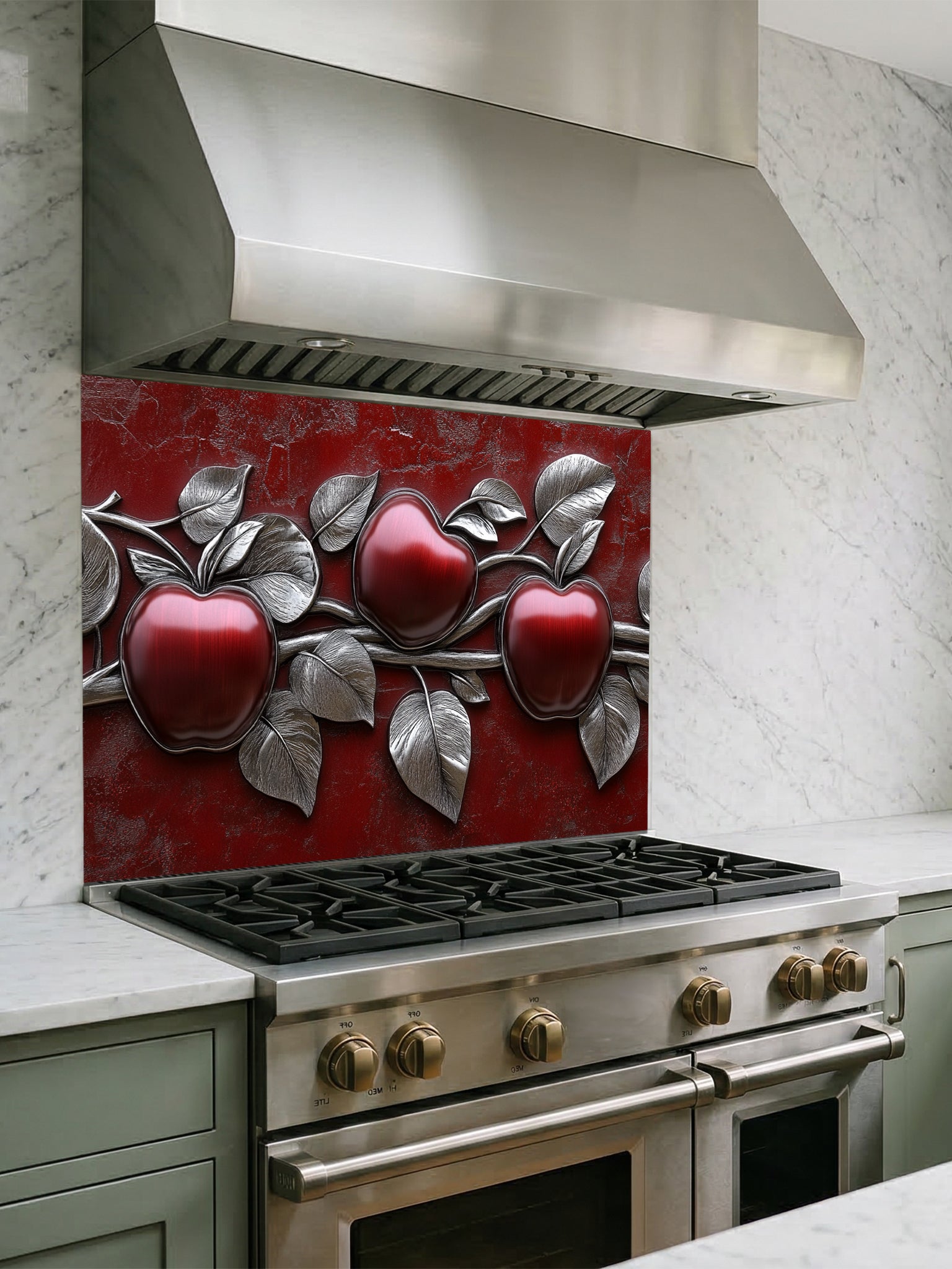 Faux 3D effect glossy red apples and metallic silver leaves on a textured crimson background, UV printed on a smooth tempered glass kitchen backsplash.
