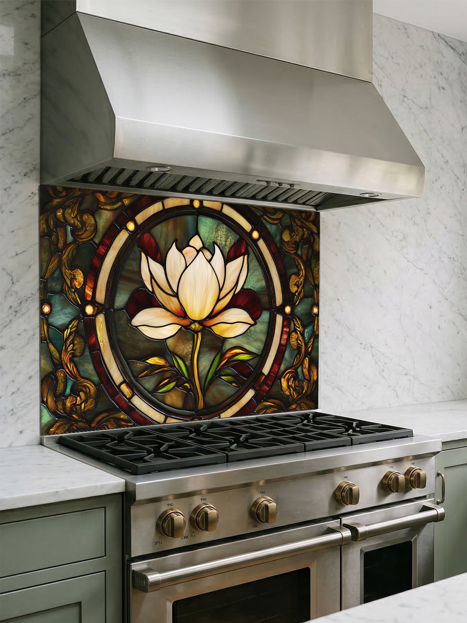 Tempered glass kitchen backsplash featuring a highly realistic faux stained glass design of a central white lotus flower surrounded by intricate Art Nouveau vines in rich emerald green and glowing amber tones, installed behind a modern stainless steel stove.