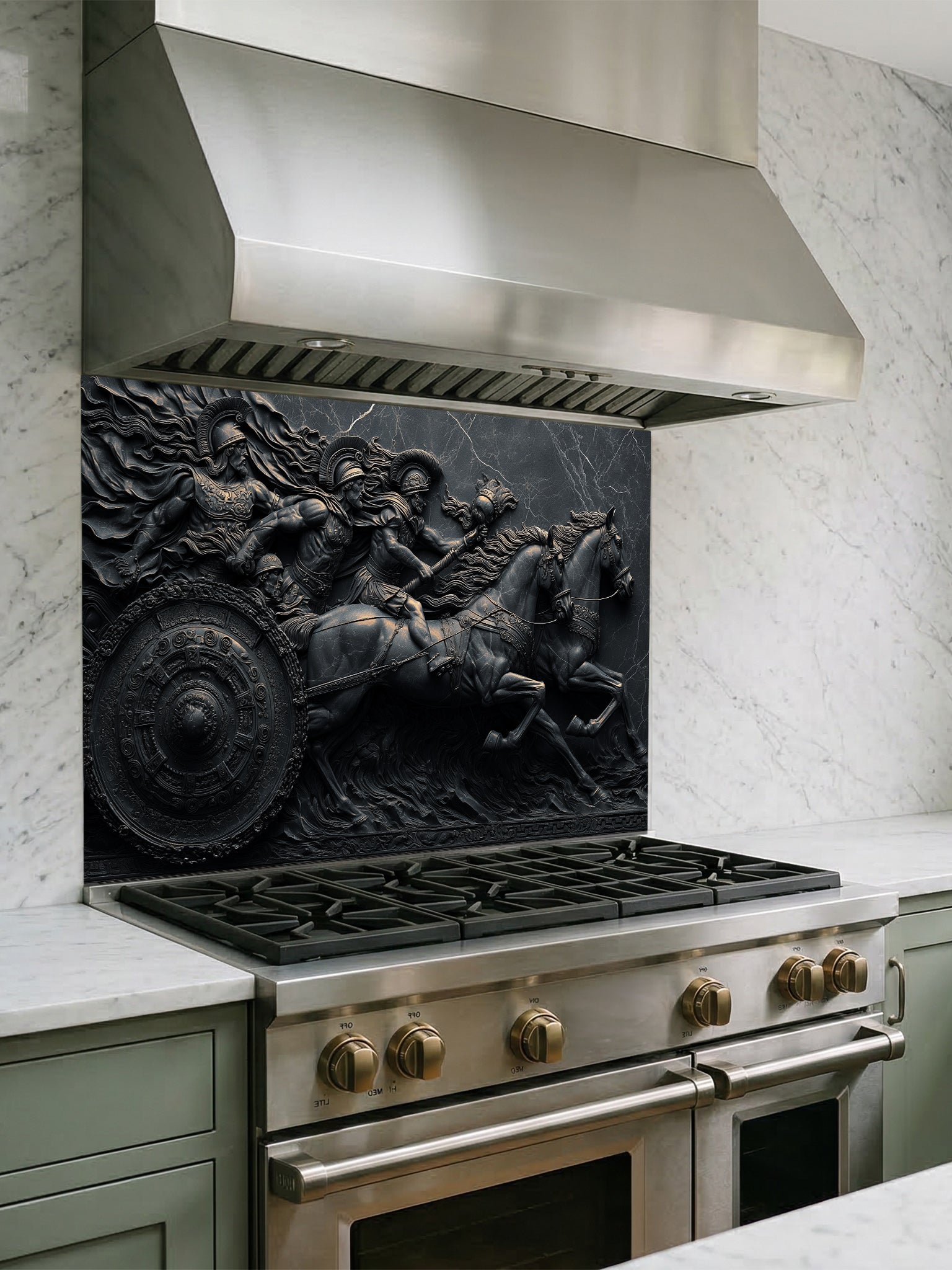 Faux 3D effect dark stone relief carving of a Roman chariot and warriors, UV printed on a smooth tempered glass kitchen backsplash, installed behind a modern stove.