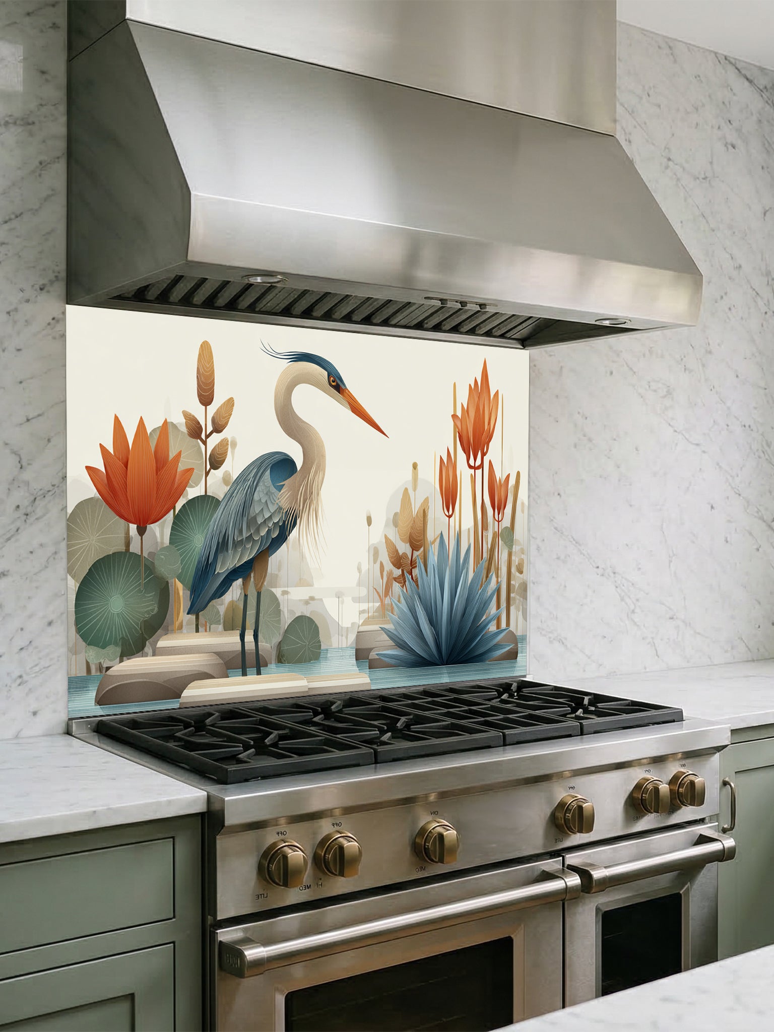 Tempered glass kitchen backsplash featuring a crisp, modern minimalist flat illustration of a grey heron standing among geometric teal lotus leaves, smooth river stones, and tall orange architectural flowers against a smooth cream background, installed behind a modern black stove.