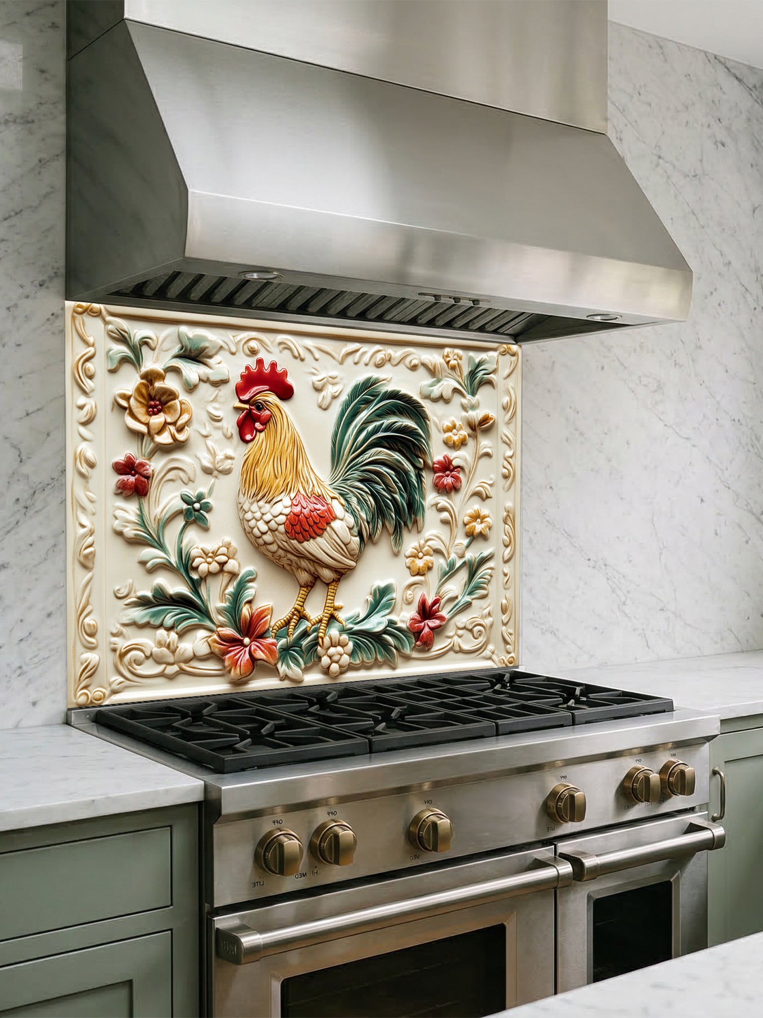 Tempered glass kitchen backsplash featuring a highly realistic 3D illusion of a vintage embossed ceramic tile showing a proud rooster and rustic floral vines in red, green, and gold against a cream background, installed behind a modern stainless steel stove.