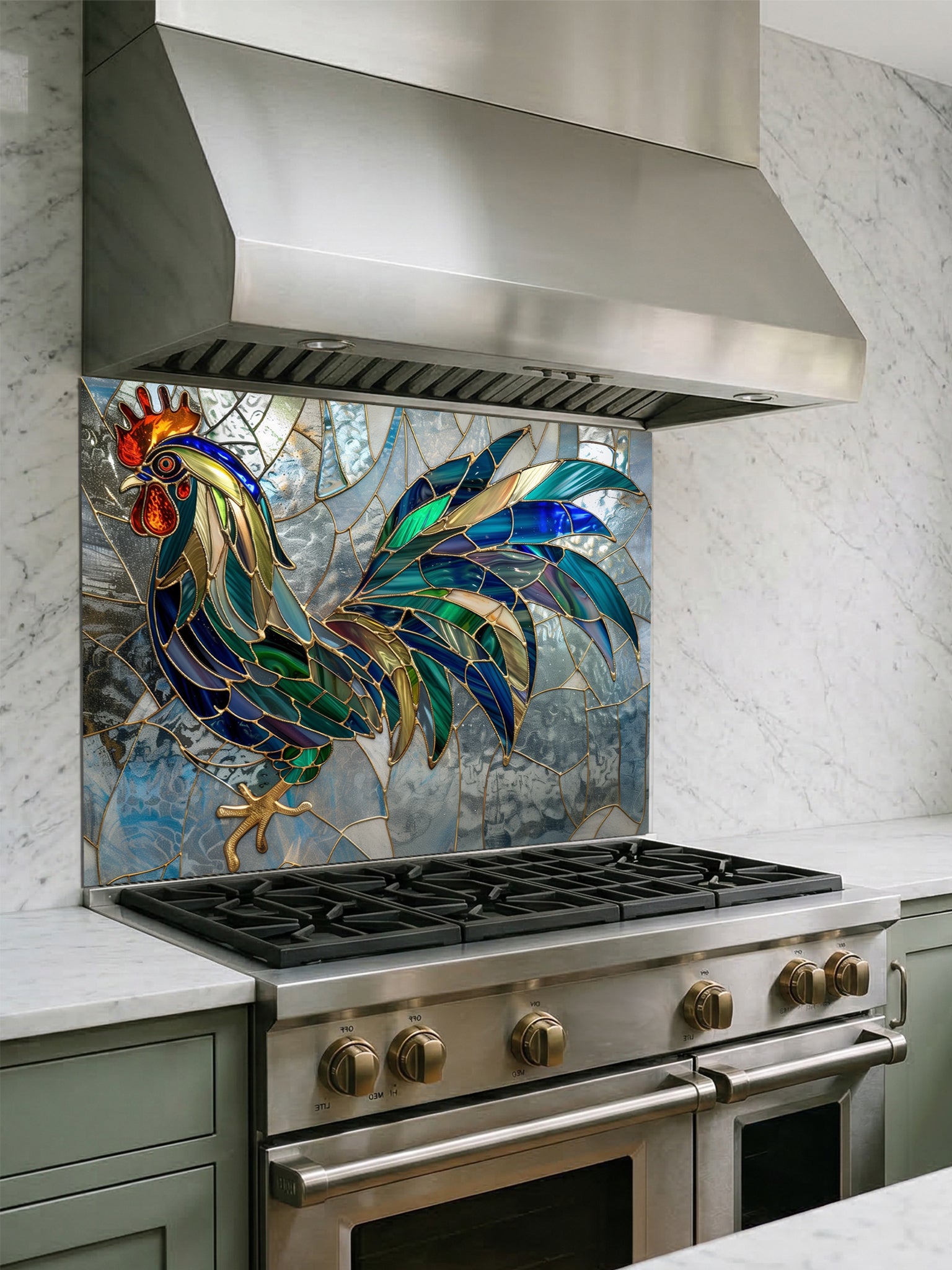Tempered glass kitchen backsplash featuring a faux stained glass design of a rooster with teal, emerald, and navy feathers and prominent gold outlines, set against an abstract icy blue mosaic background, installed behind a modern stainless steel stove.