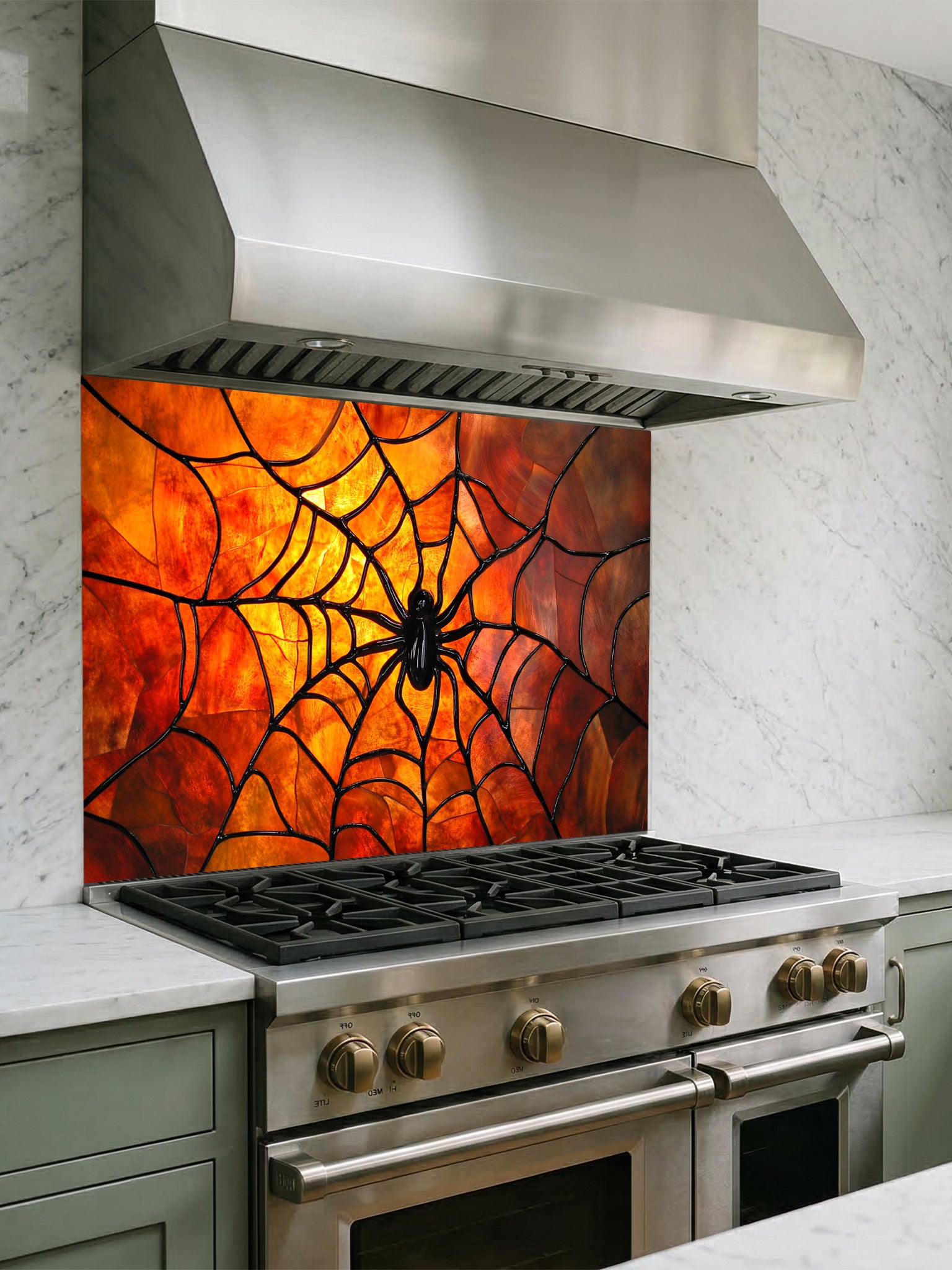 Tempered glass kitchen backsplash featuring a highly realistic 3D illusion of stained glass art showing a black spider in the center of a glowing amber and orange spider web, installed behind a modern black stove.