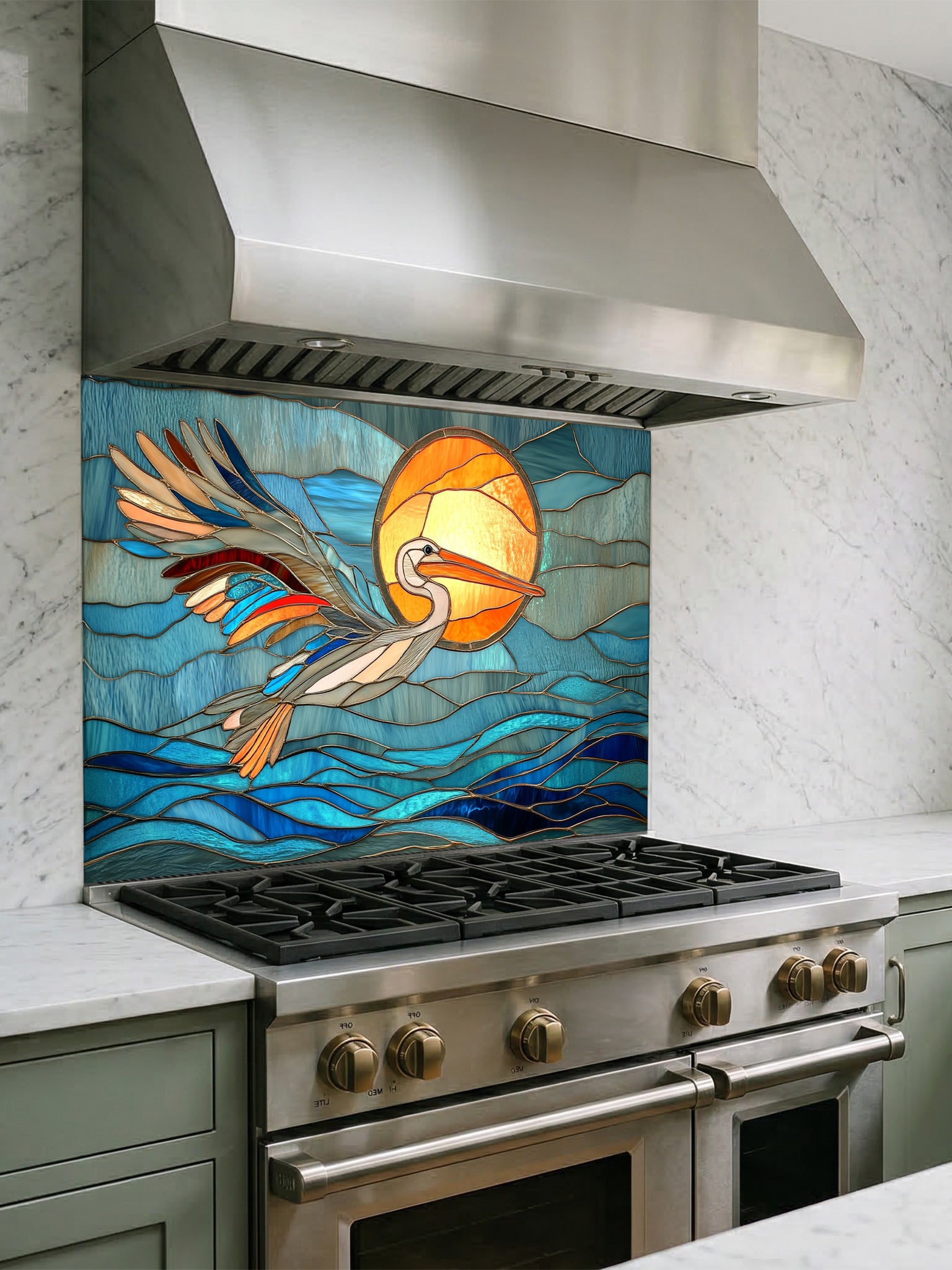 Stained glass style pelican flying over blue ocean waves and a bright sun, UV printed on tempered glass kitchen backsplash, installed behind a modern stove.