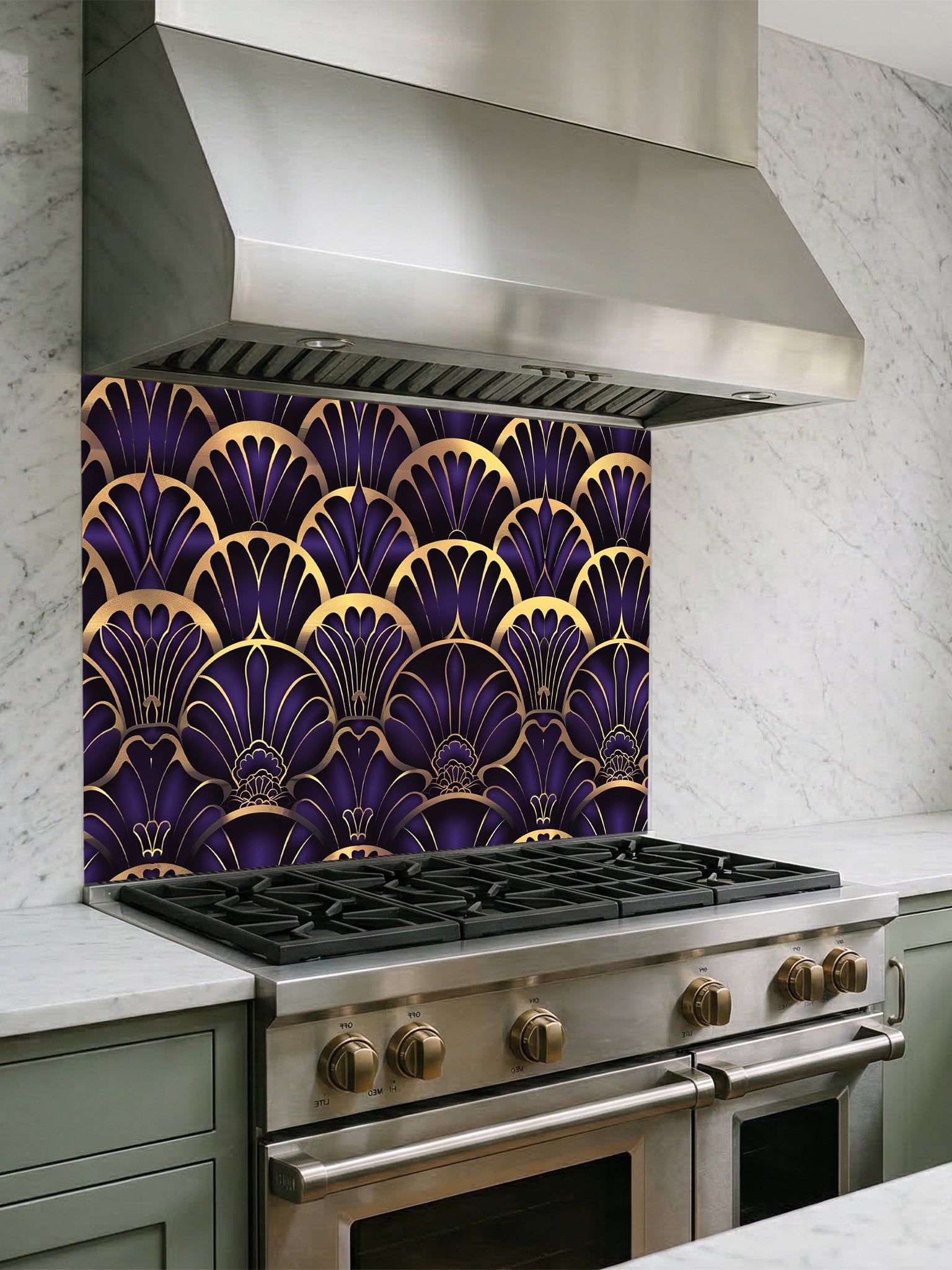 Tempered glass kitchen backsplash featuring a highly realistic 3D illusion of an Art Deco geometric scalloped fan pattern in luxurious royal purple and faux gold metallic outlines, installed behind a modern black stove.