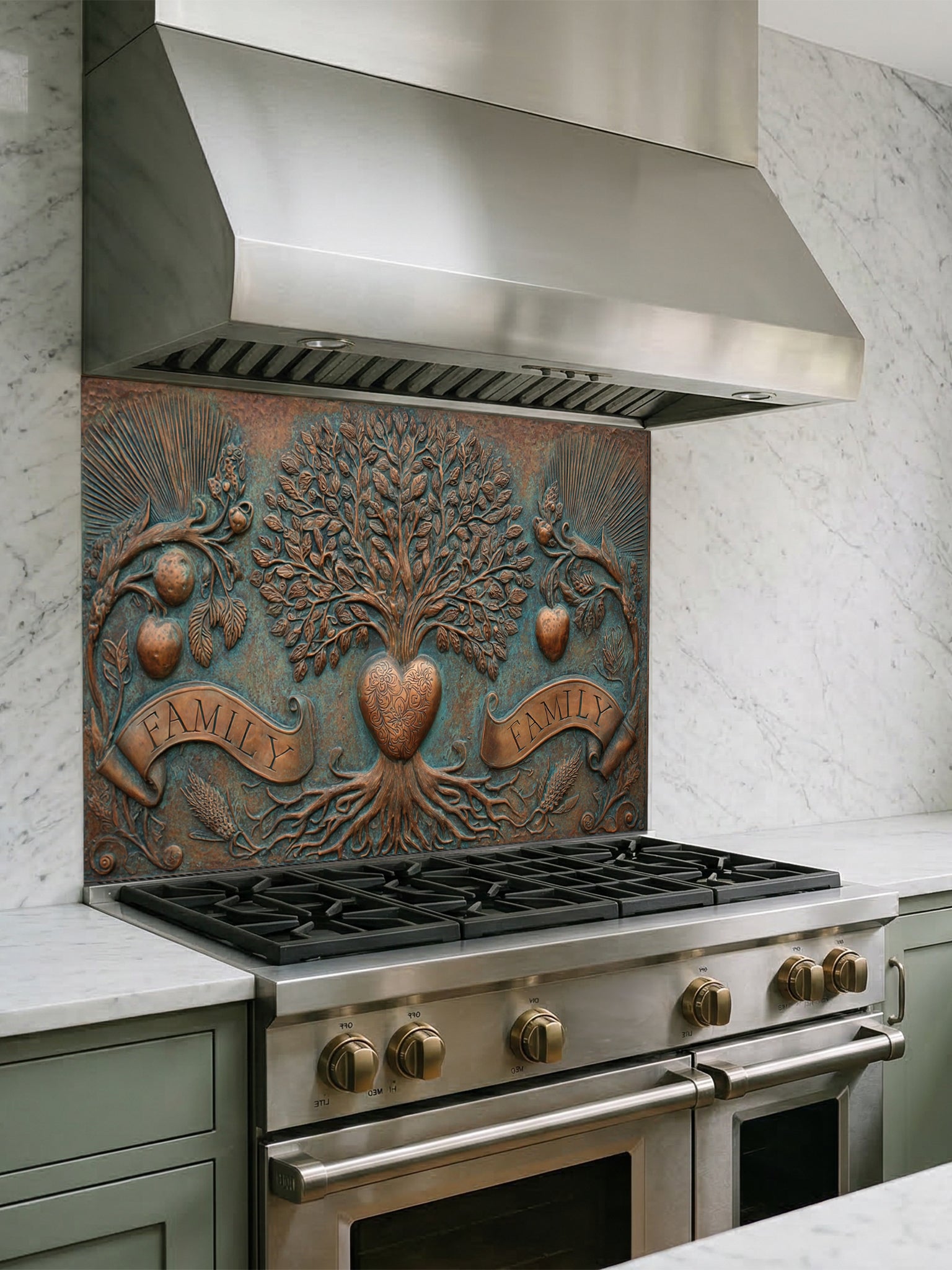 Faux 3D sculpted bronze and copper relief of a family tree of life with a heart and banners reading 'FAMILY' against an oxidized patina background, UV printed on a smooth tempered glass kitchen backsplash.