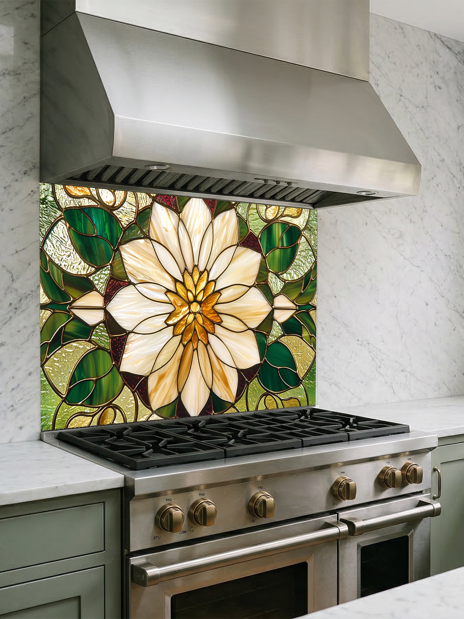 Stained glass style large white flower and rich green leaves UV printed on a smooth tempered glass kitchen backsplash, installed behind a modern stove.