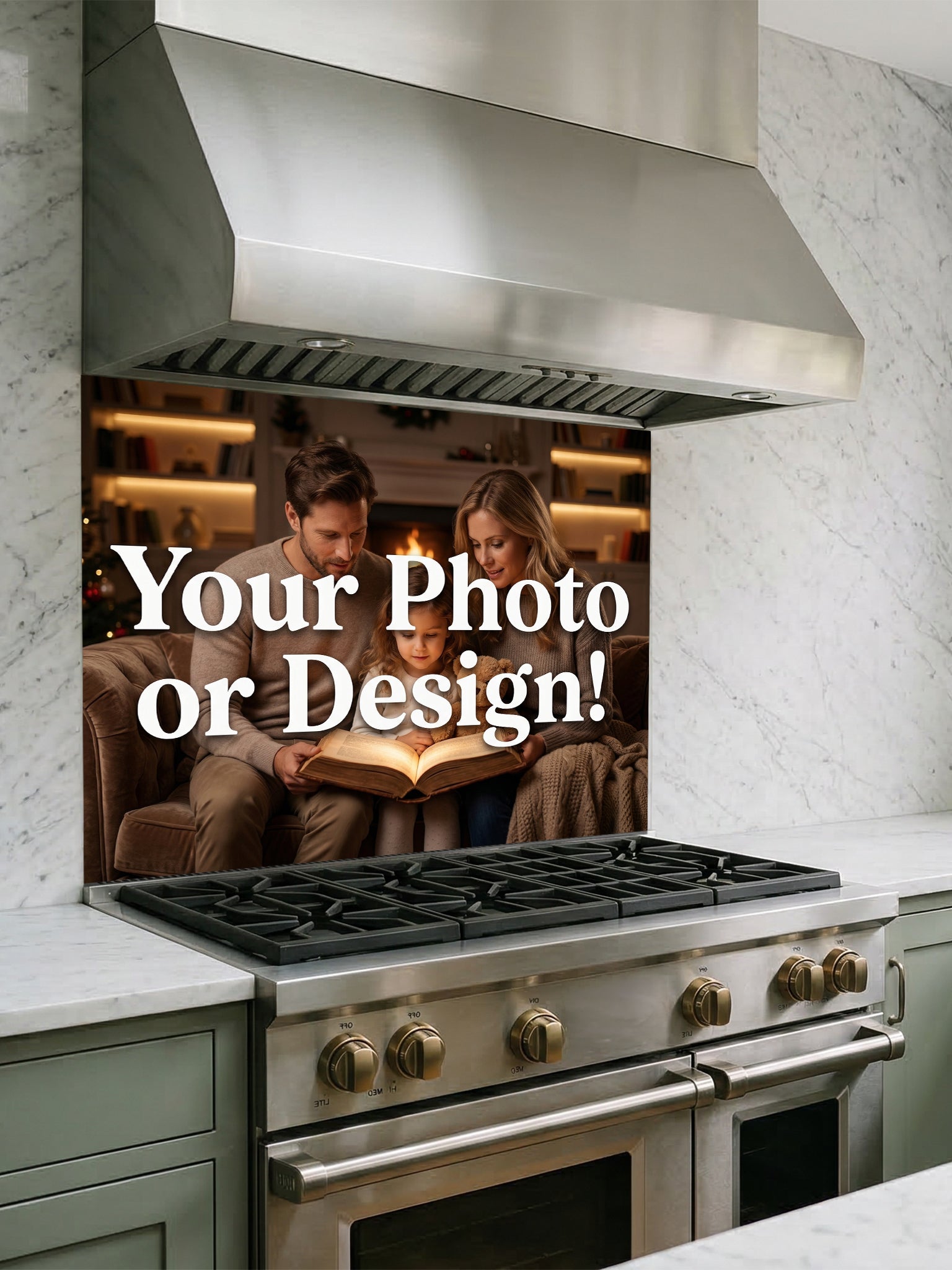 Tempered glass kitchen backsplash showcasing a custom 'Your Photo or Design' mockup featuring a family reading by a fireplace, installed behind a modern stainless steel stove.