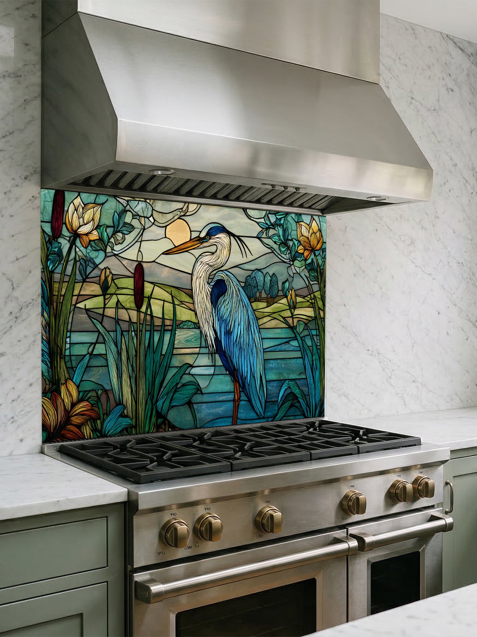 Stainless steel range with stained glass backsplash featuring a heron and nature scene.
