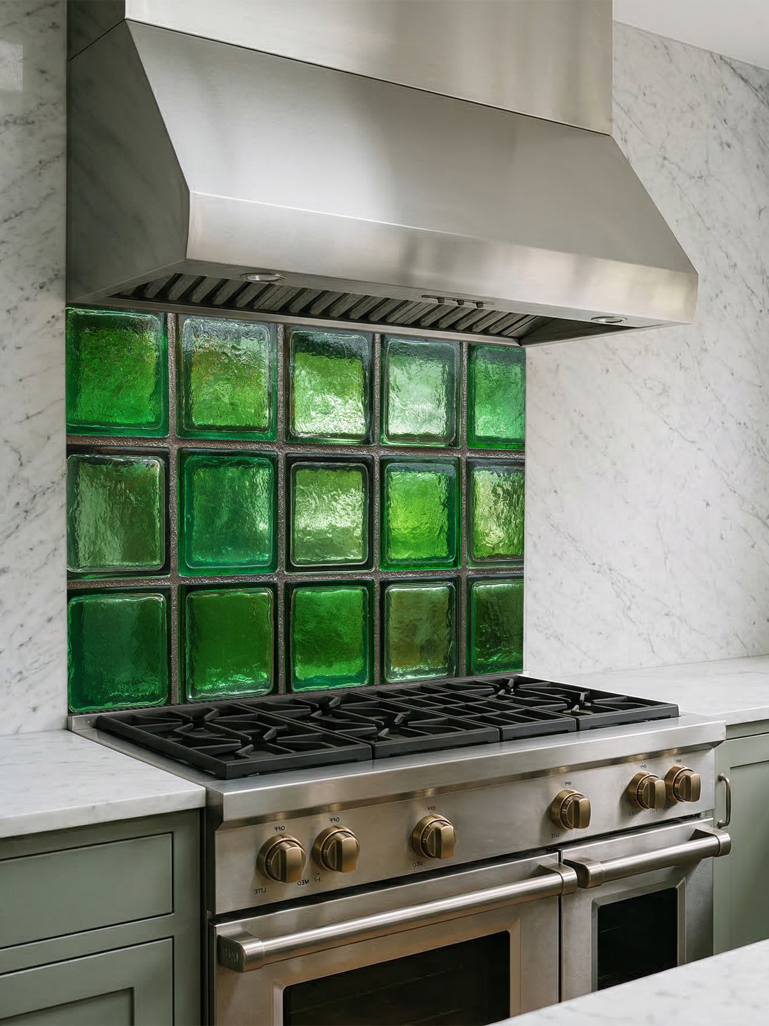 Faux green glass block 3D effect UV printed on a smooth tempered glass kitchen backsplash, installed behind a modern stove.