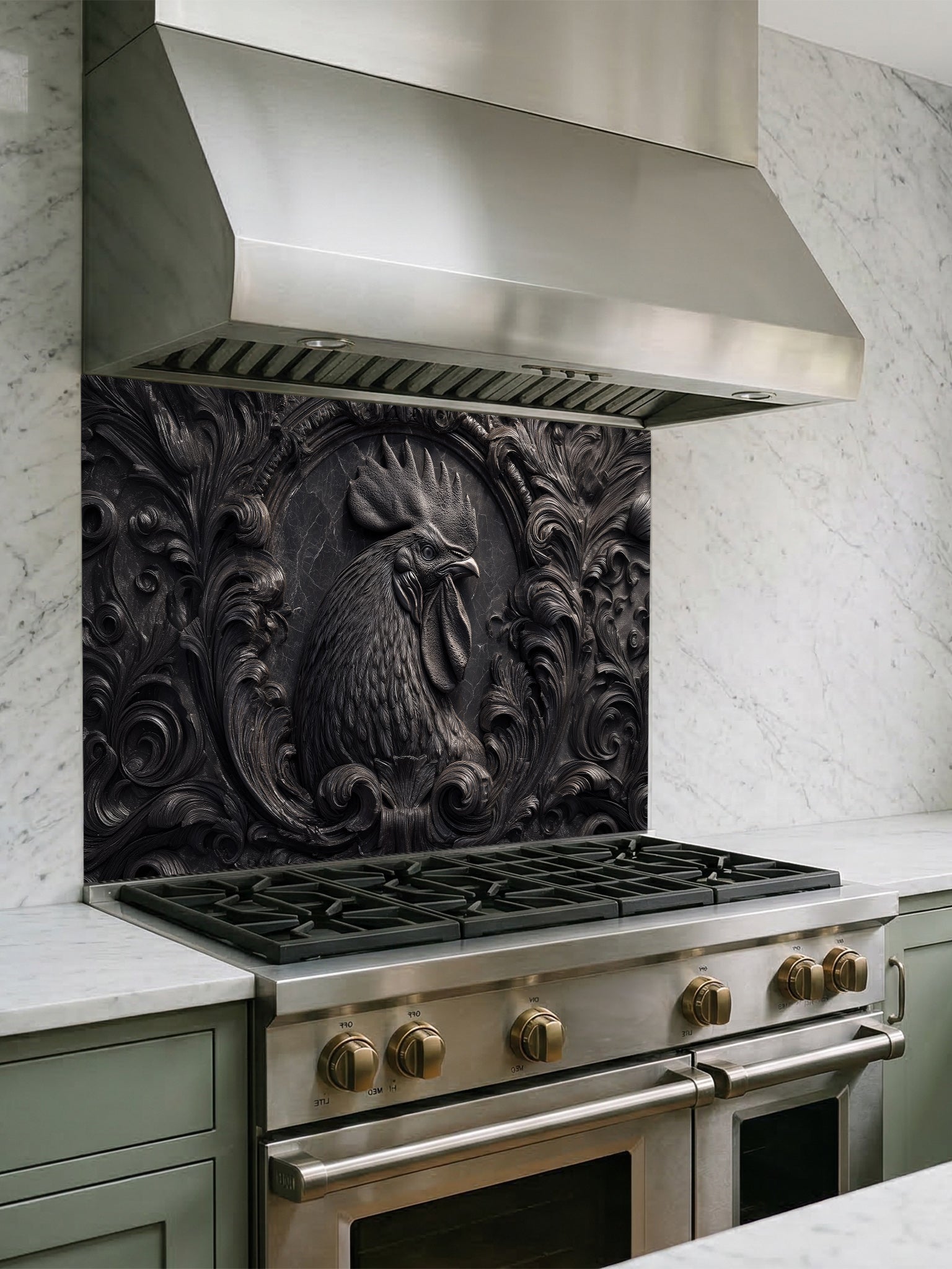 Faux 3D effect dark stone relief carving of a rooster and ornate scrollwork, UV printed on a smooth tempered glass kitchen backsplash, installed behind a modern stove.