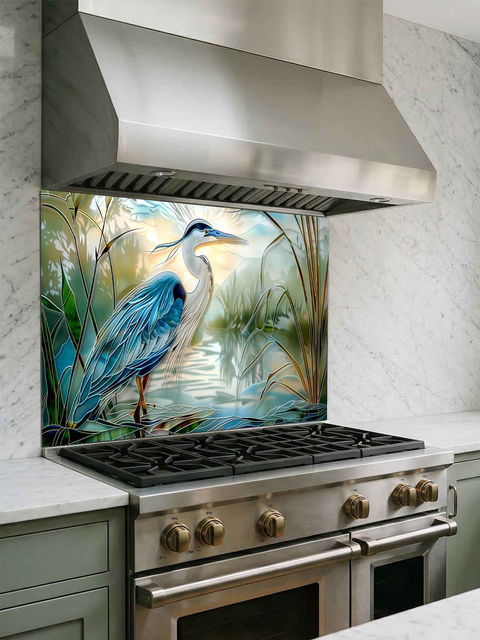 Tempered glass kitchen backsplash featuring a bright faux stained glass design of a majestic blue heron standing in a wetland, with bright sun rays radiating like a halo from behind its head, installed behind a modern stainless steel stove.
