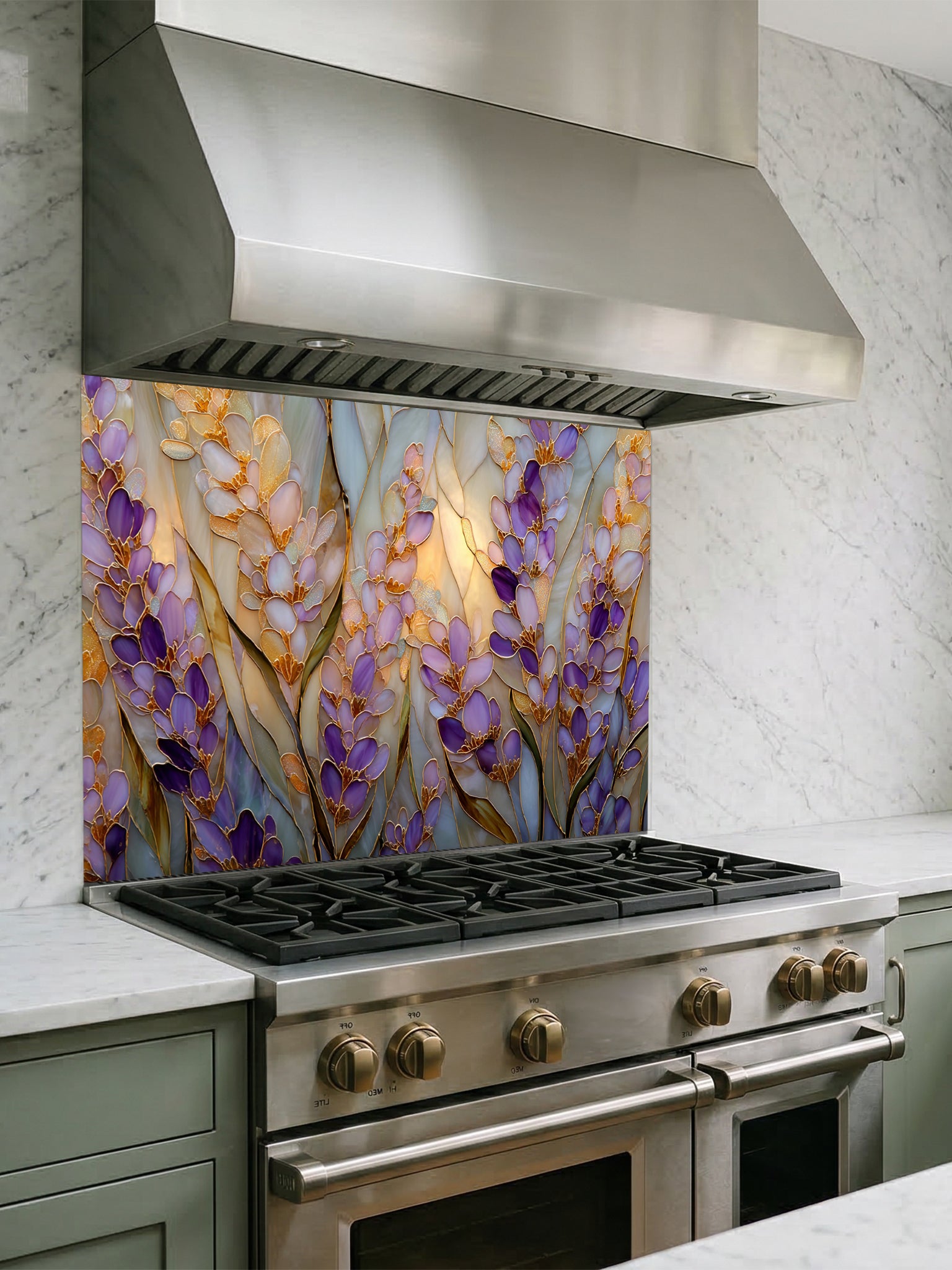 Tempered glass kitchen backsplash featuring a highly realistic 3D illusion of Art Nouveau stained glass art showing elegant, sweeping clusters of purple lavender and lilac blossoms with green leaves outlined in gold against a warm amber background, installed behind a modern black stove.