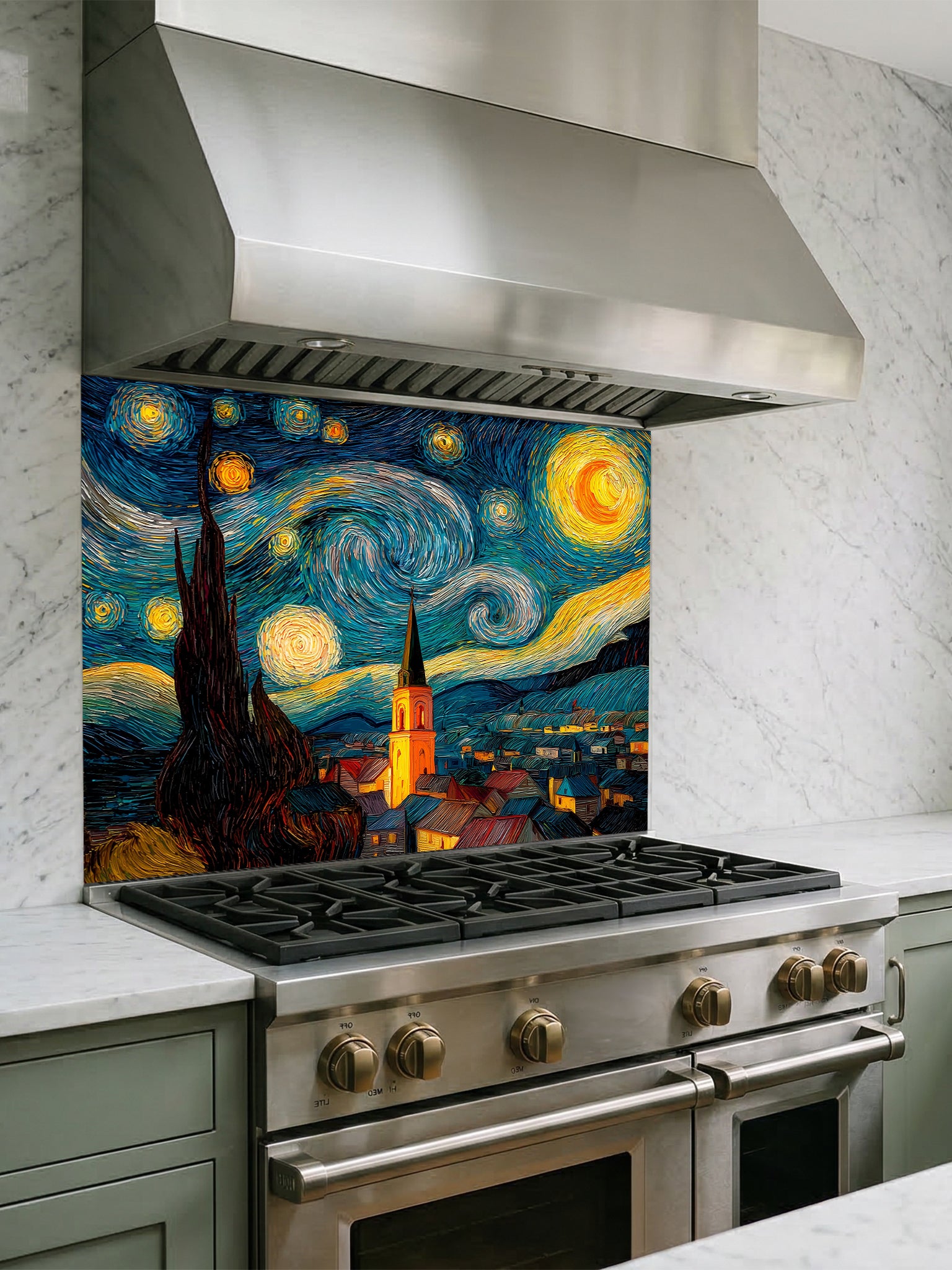 Tempered glass kitchen backsplash featuring a highly realistic 3D illusion of a thick impasto oil painting inspired by The Starry Night, showing a swirling blue night sky, glowing yellow stars, and a dark silhouette of a cypress tree over a village, installed behind a modern black stove.