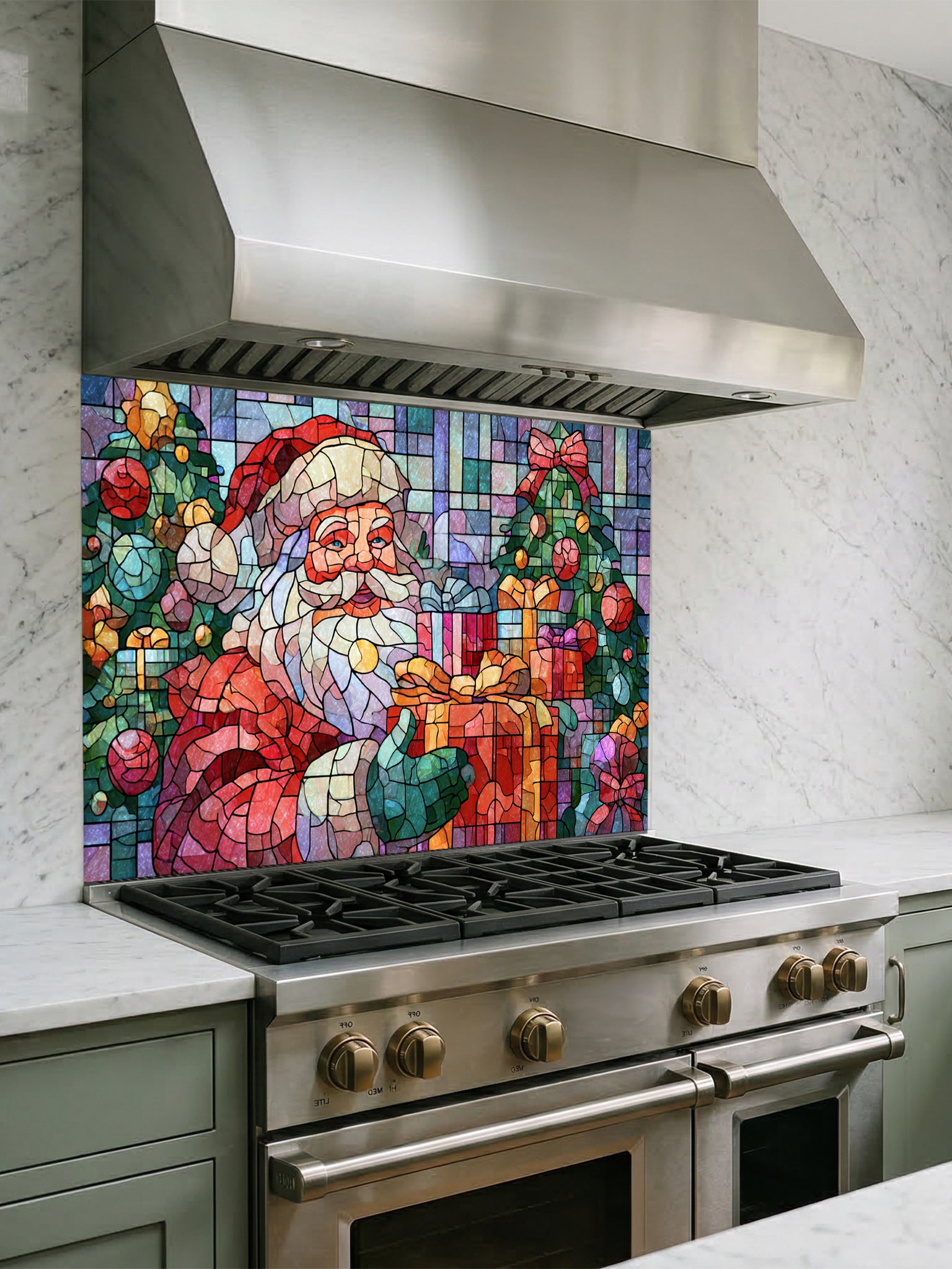 Tempered glass kitchen backsplash featuring a highly realistic 3D illusion of mosaic stained glass art showing a cheerful Santa Claus holding a wrapped gift, surrounded by green Christmas trees and colorful presents against a tiled blue and purple background, installed behind a modern black stove.