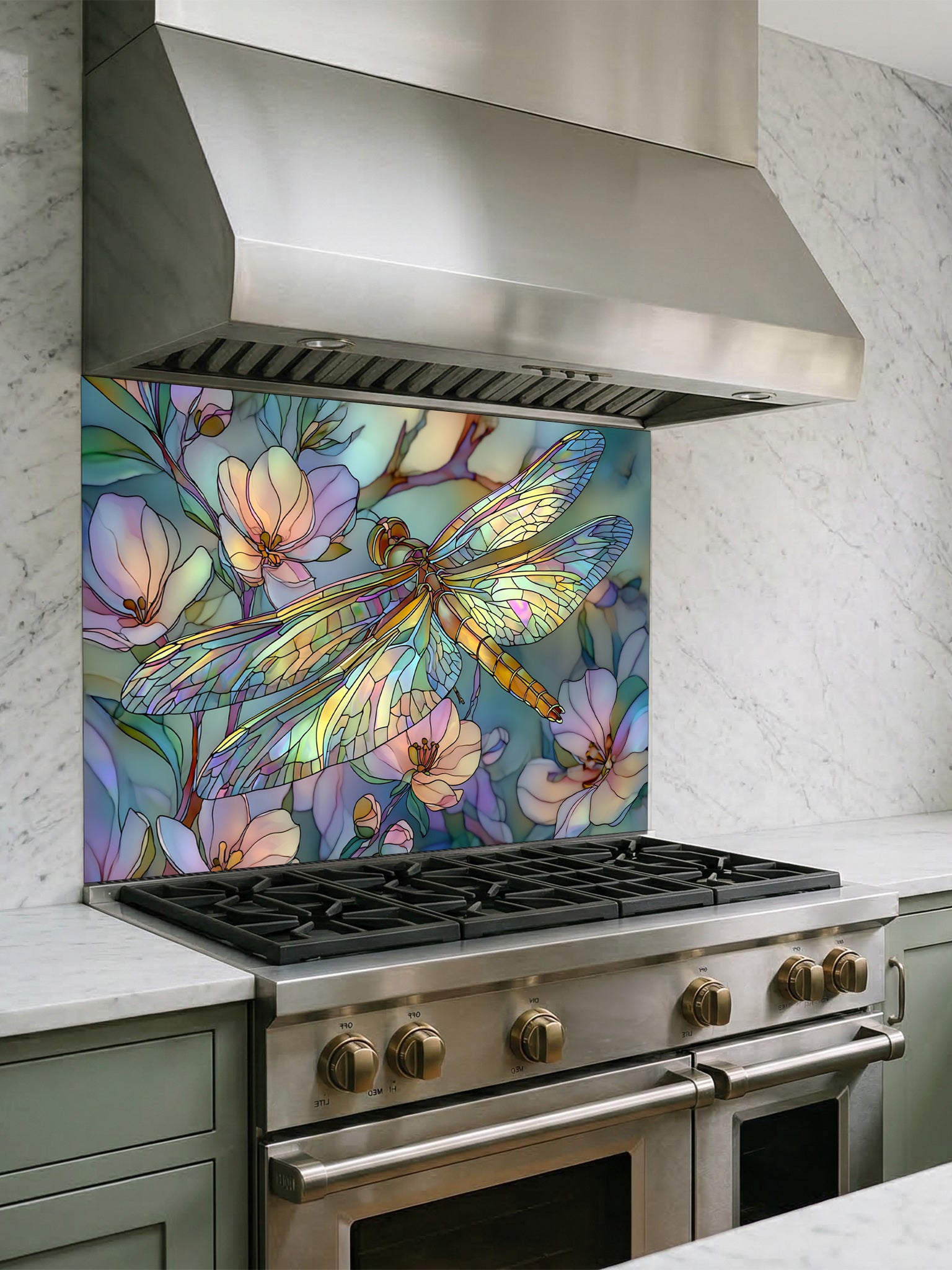 Tempered glass kitchen backsplash featuring a highly realistic 3D illusion of Art Nouveau stained glass showing an elegant dragonfly with iridescent translucent wings resting among soft pastel pink and mint green blooming flowers, installed behind a modern stainless steel stove.