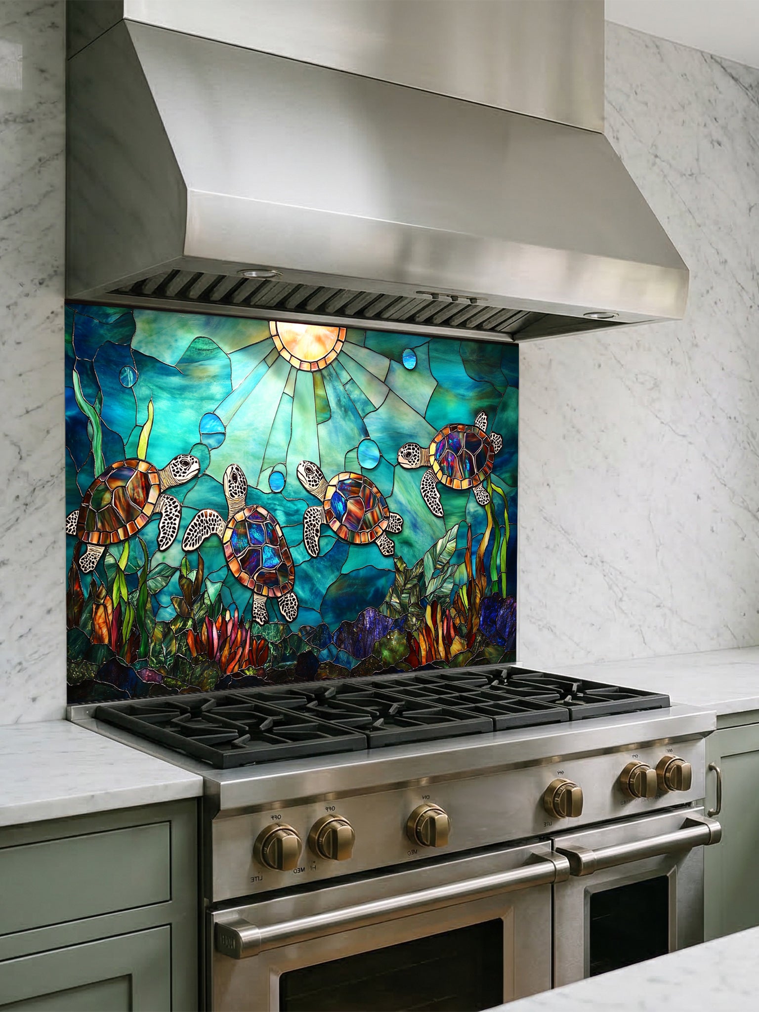 Stained glass style sea turtles swimming in vibrant blue ocean waters with sun rays, UV printed on a smooth tempered glass kitchen backsplash, installed behind a modern stove.