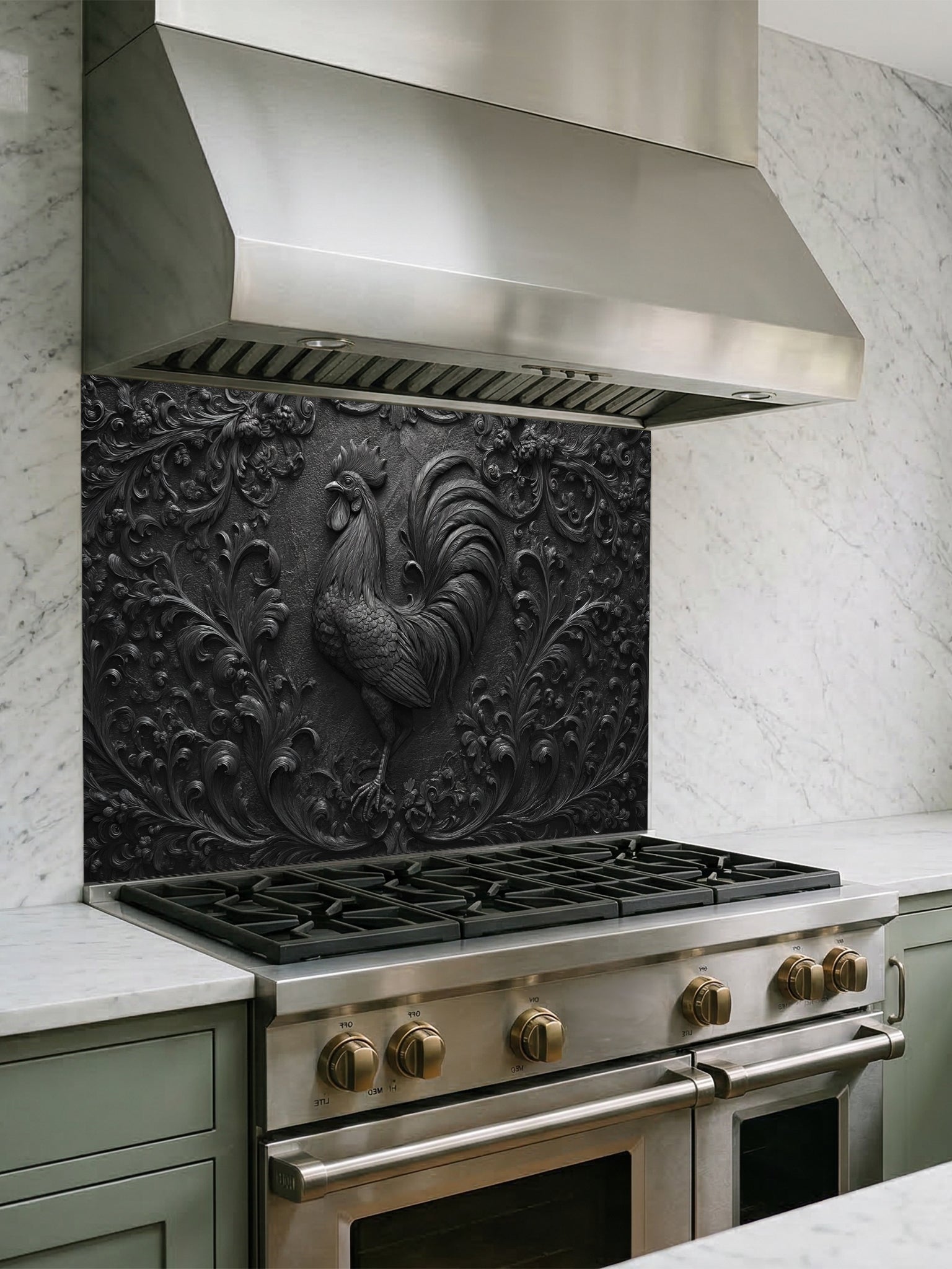 Faux 3D sculpted dark slate and black cast iron relief of a majestic rooster and botanical motifs, UV printed on a smooth tempered glass kitchen backsplash.
