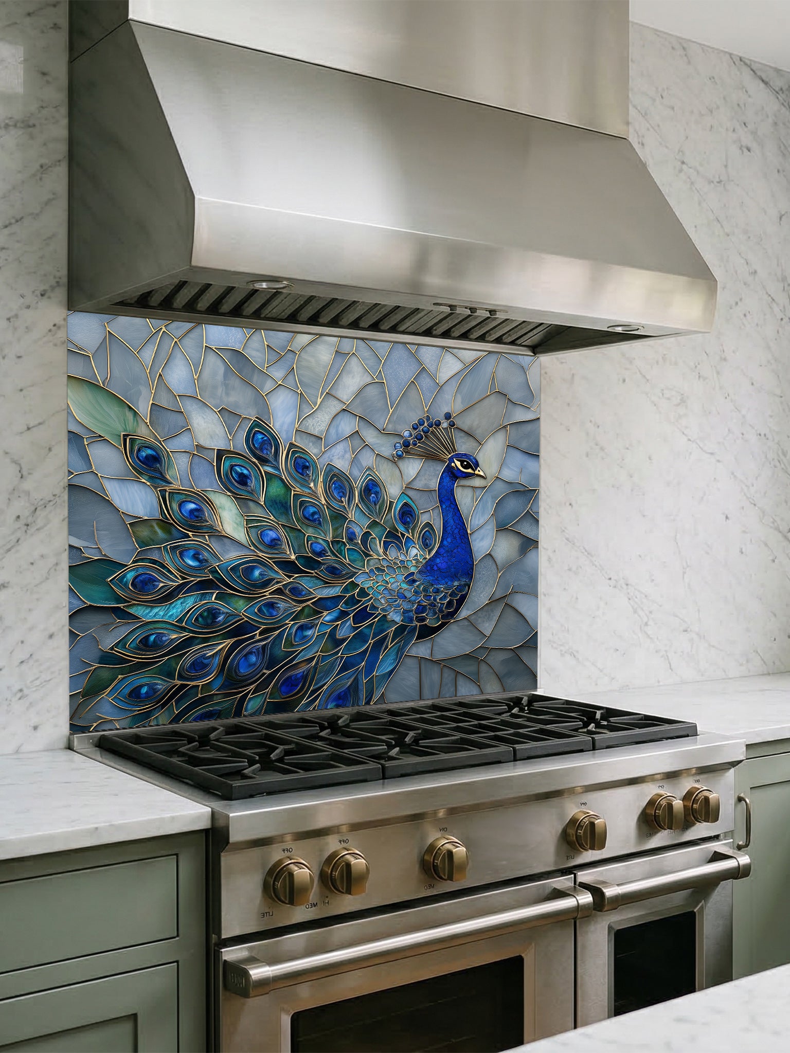 Tempered glass kitchen backsplash featuring a highly realistic 3D illusion of a stained glass mosaic showing a regal royal blue peacock with elegant gold outlines against an icy blue background, installed behind a modern stainless steel stove.