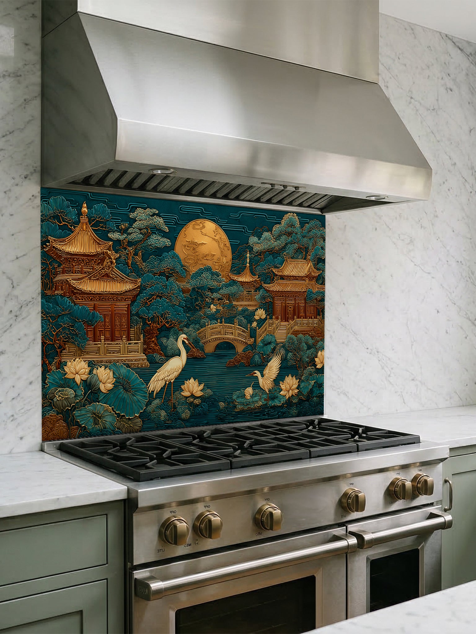 Faux 3D sculpted relief of an Asian landscape featuring golden pagodas, cranes, and a full moon against a deep teal background, UV printed on a smooth tempered glass kitchen backsplash.