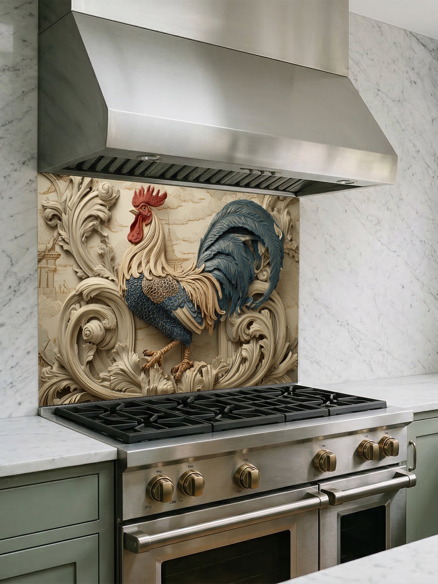 Tempered glass kitchen backsplash featuring a highly realistic 3D illusion of an intricately carved bas-relief sculpture showing a proud rooster with slate blue and gold feathers surrounded by ornate, flowing creamy beige baroque acanthus swirls, installed behind a modern black stove.