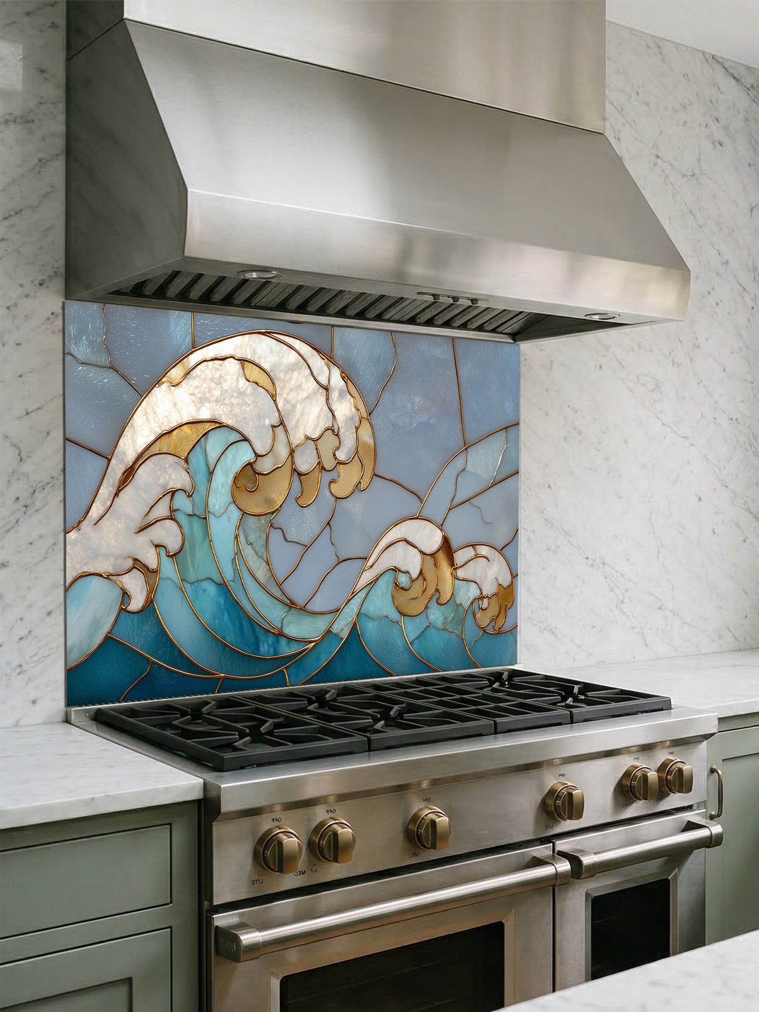Tempered glass kitchen backsplash featuring a dramatic crashing ocean wave design in faux stained glass with deep blue water, white foam crests, and elegant gold outlines, installed behind a modern stainless steel stove.