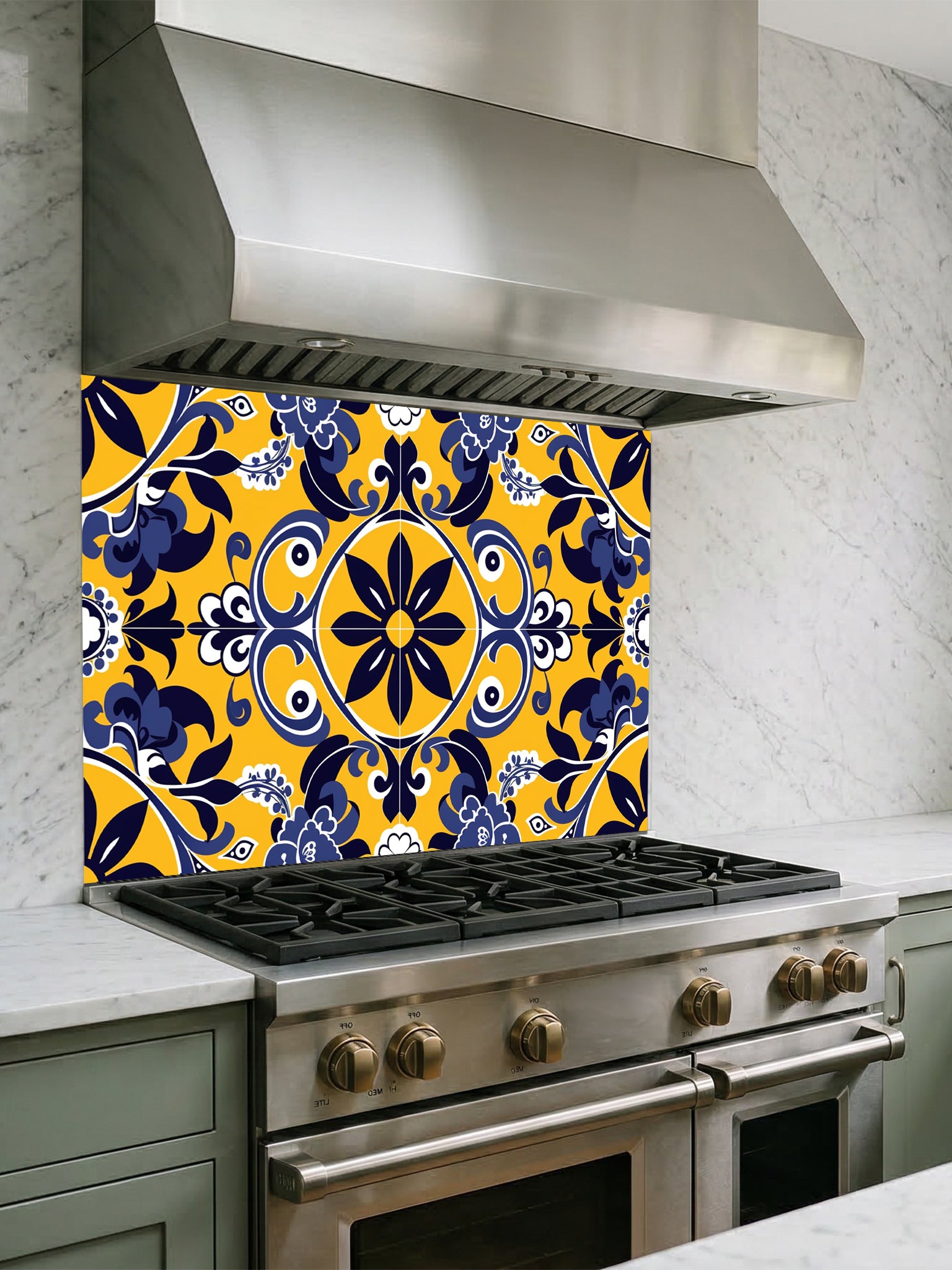 Vibrant traditional Talavera style faux tile pattern in bright yellow, deep navy blue, and white, UV printed on a smooth tempered glass kitchen backsplash.