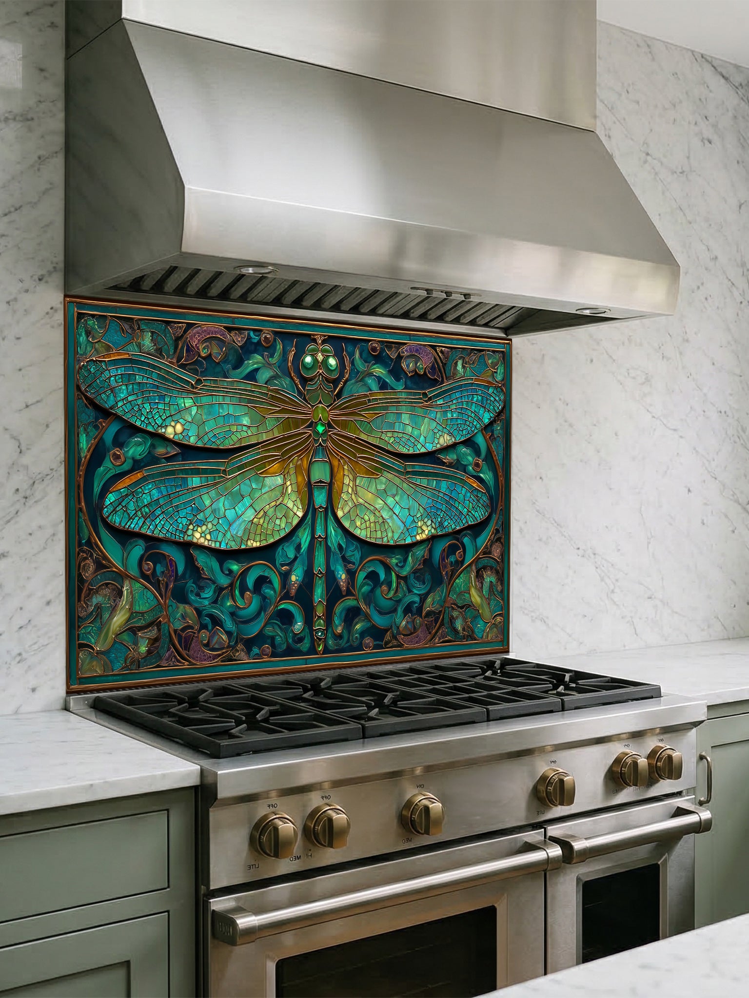Tempered glass kitchen backsplash featuring a highly realistic 3D illusion of Art Nouveau stained glass showing a magnificent dragonfly with intricate teal and emerald green wings outlined in gold, surrounded by botanical swirls, installed behind a modern stainless steel stove.