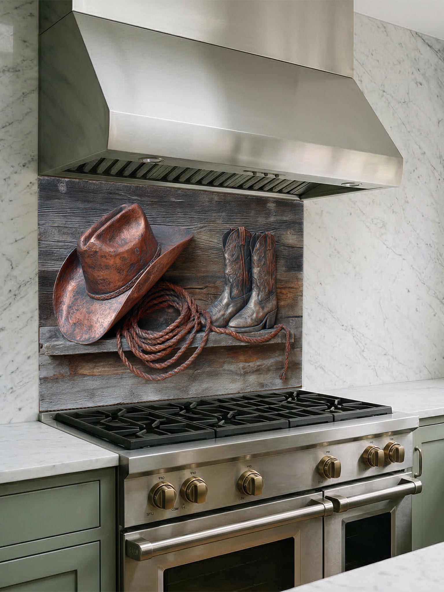 Tempered glass kitchen backsplash featuring a highly realistic 3D illusion of a rustic wooden shelf displaying a copper cowboy hat, worn leather boots, and a lasso rope against a weathered barn wood background, installed behind a modern black stove.