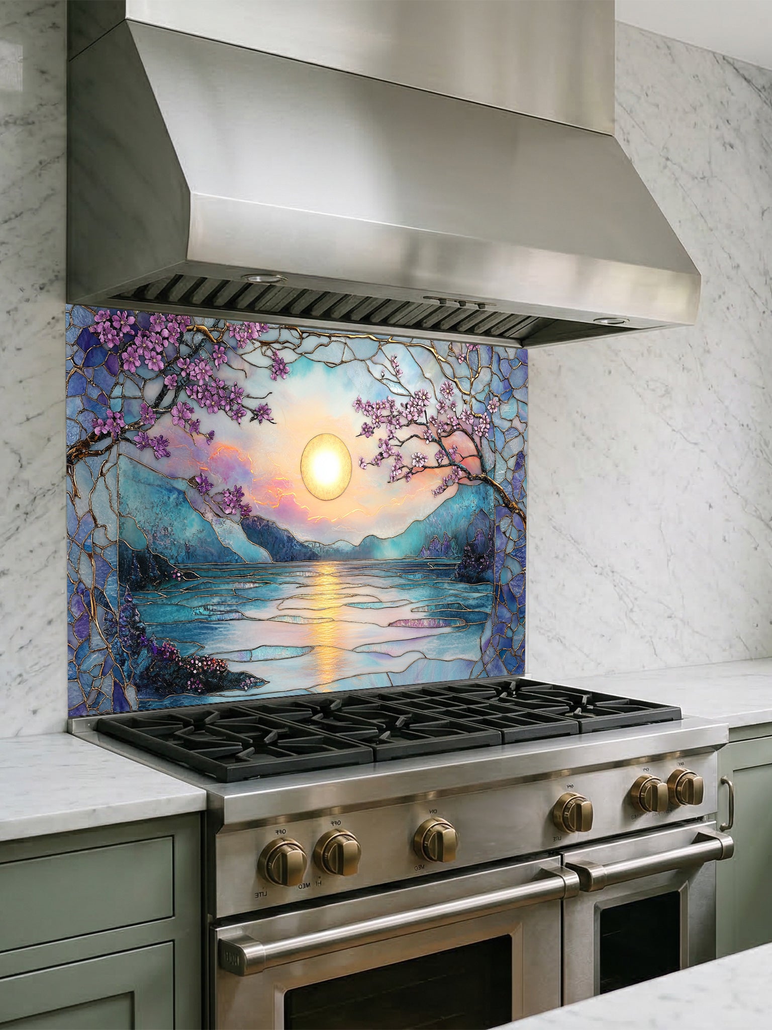 Stained glass style serene sunset over a lake with pink cherry blossoms and mountains, UV printed on a smooth tempered glass kitchen backsplash, installed behind a modern stove.