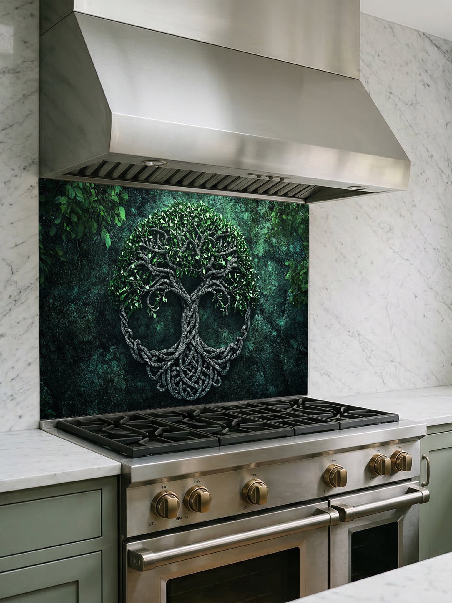 Tempered glass kitchen backsplash featuring a highly realistic 3D illusion of an ancient carved Celtic Tree of Life (Yggdrasil) with intricate knotwork roots and lush green leaves against a dark, moody forest green background, installed behind a modern black stove.