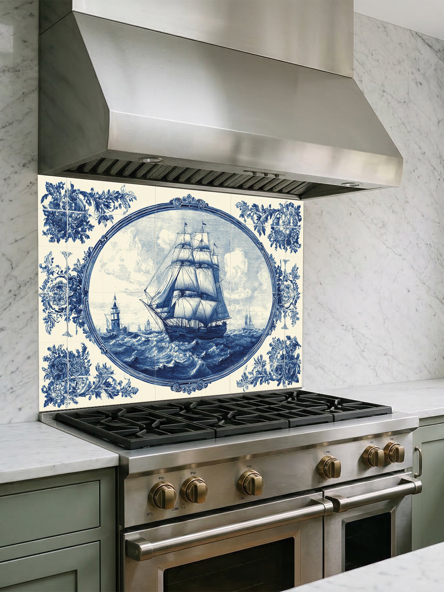 Faux blue and white Portuguese Azulejo tile mural featuring a classic sailing ship on the ocean, UV printed on a smooth tempered glass kitchen backsplash.