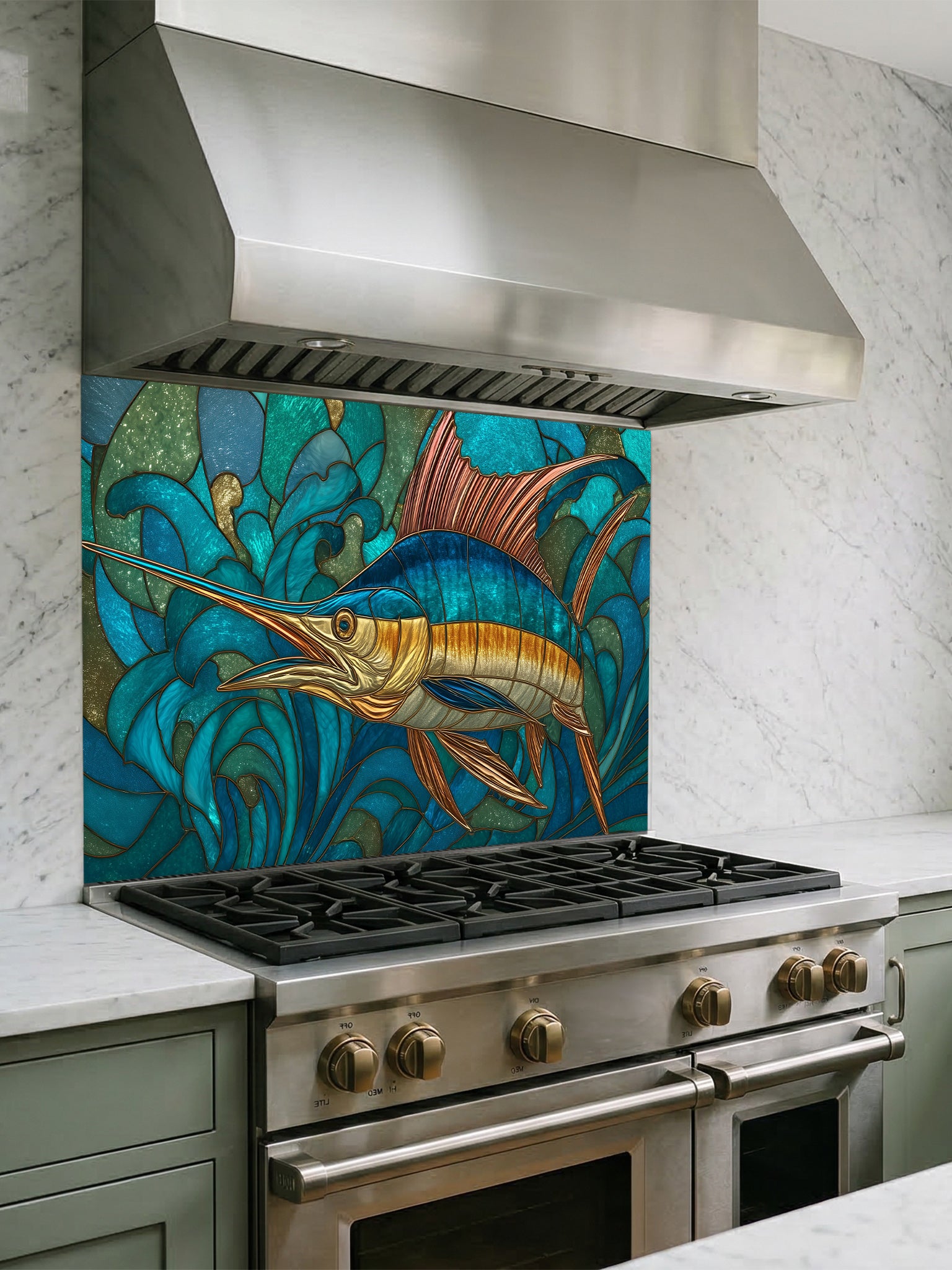 Stained glass style majestic blue marlin swimming through dynamic turquoise ocean waves, UV printed on a smooth tempered glass kitchen backsplash, installed behind a modern stove.
