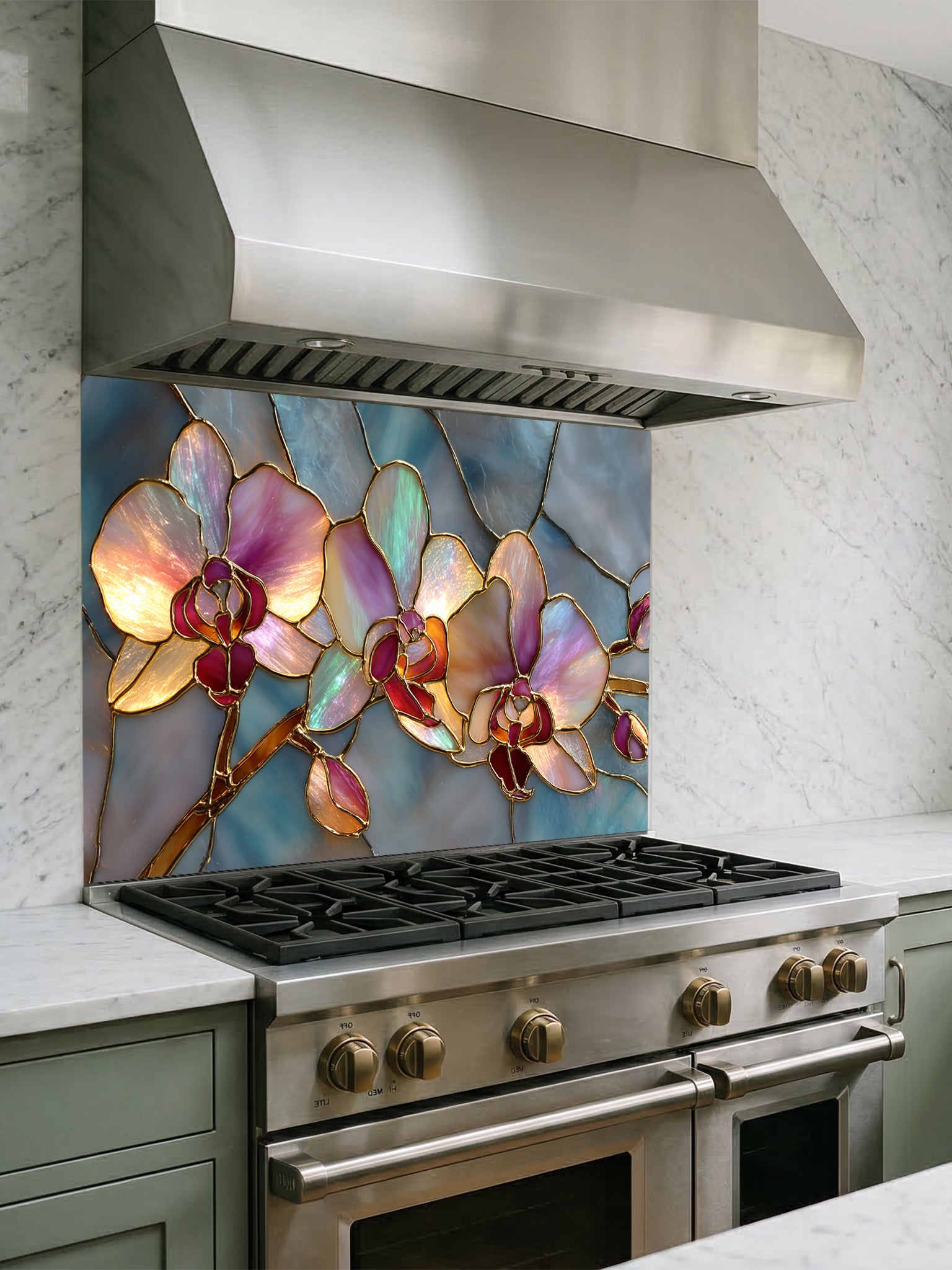 Faux stained glass pattern featuring glowing pink and magenta orchids with gold outlines against a swirling teal and blue mosaic background, UV printed on a smooth tempered glass kitchen backsplash.