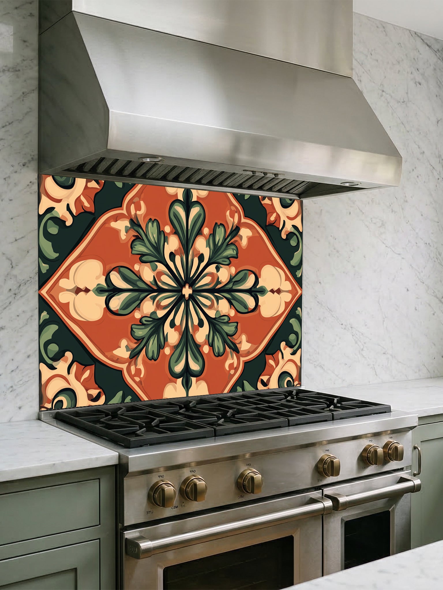Large vintage style Spanish floral medallion tile mural in terracotta, olive green, and cream, UV printed on a smooth tempered glass kitchen backsplash.