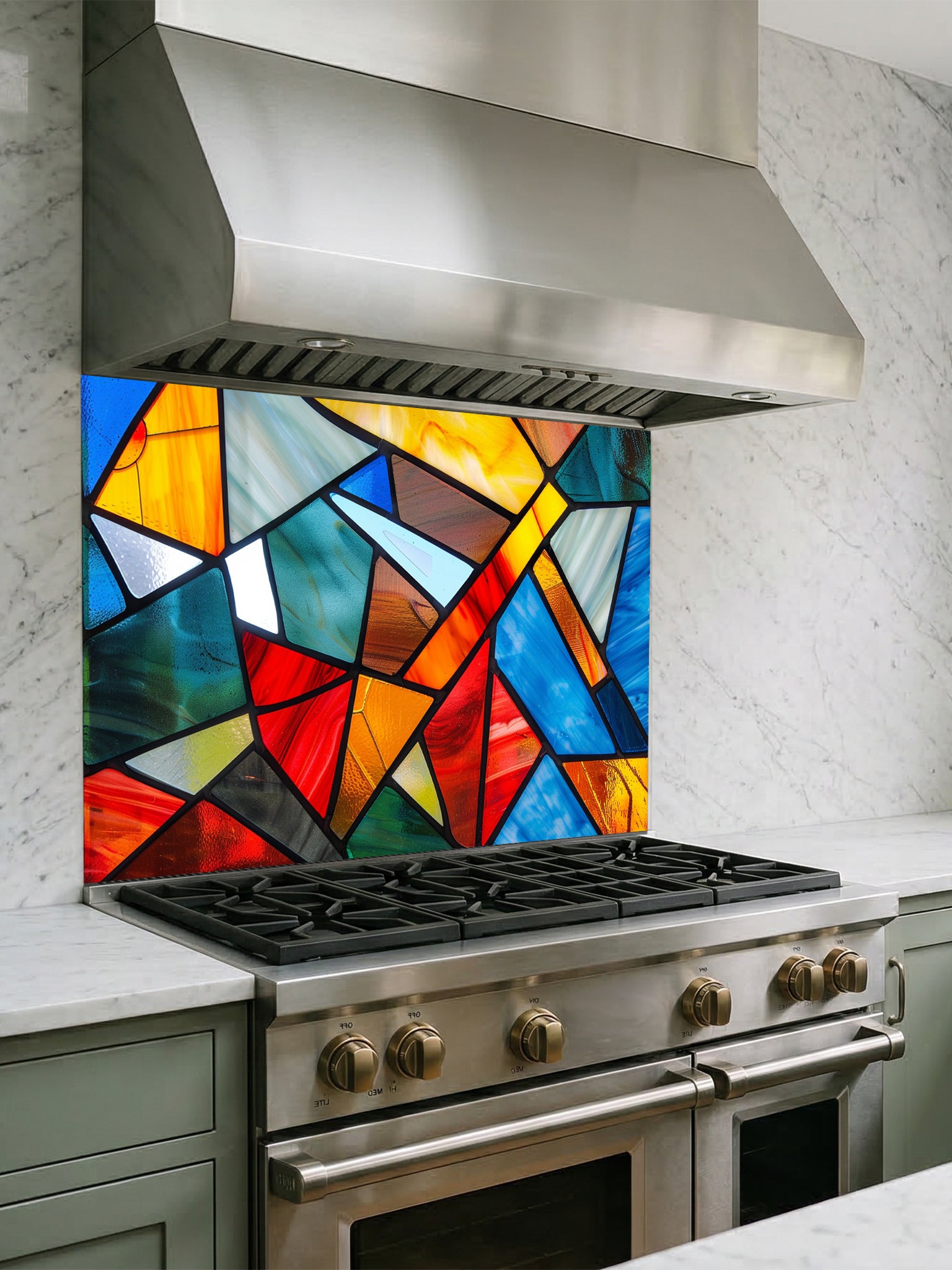 Tempered glass kitchen backsplash featuring a highly realistic illusion of abstract geometric stained glass with asymmetrical shards in vibrant, luminous shades of red, blue, yellow, and teal outlined by dark faux lead lines, installed behind a modern black stove.