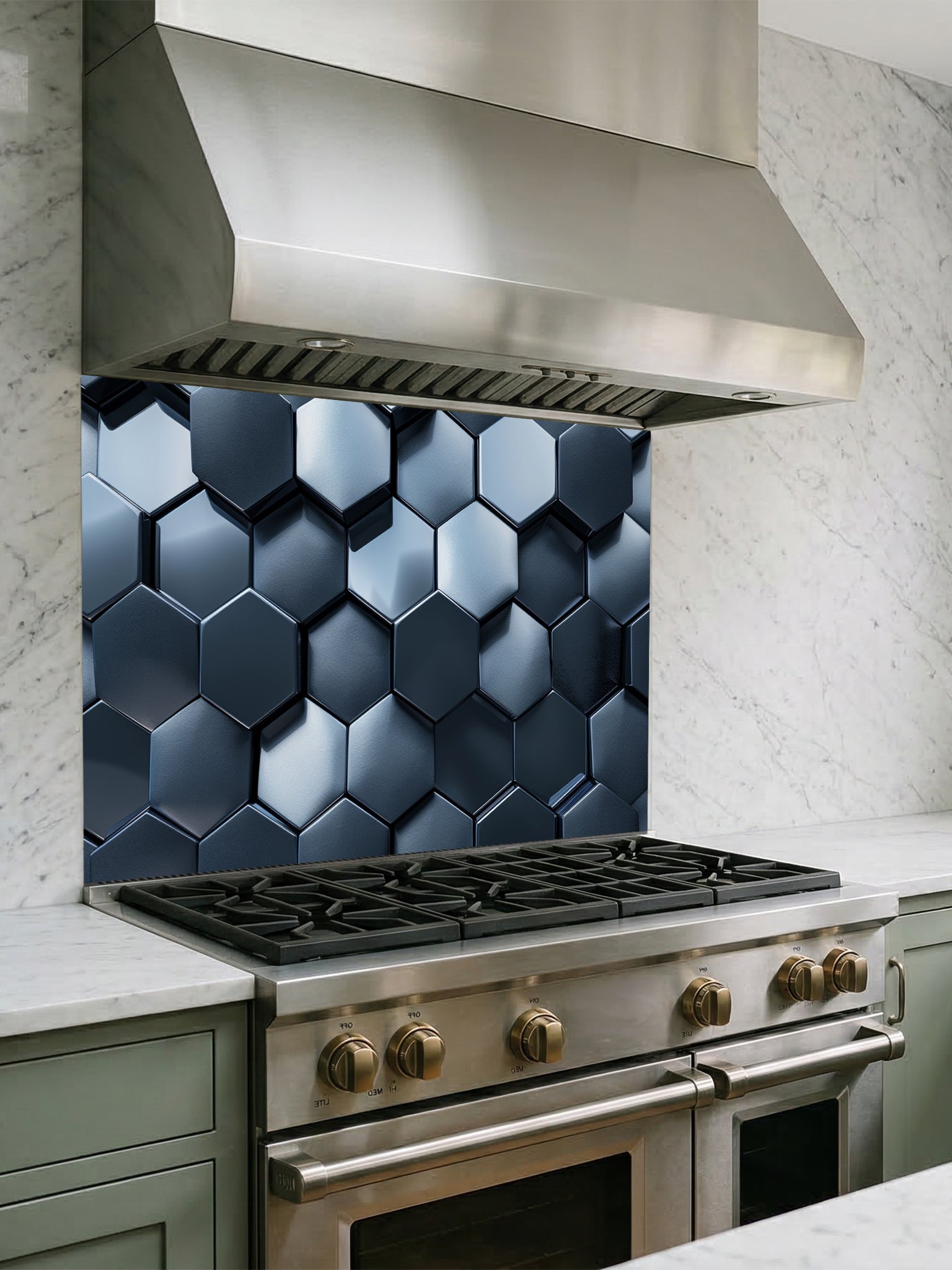 Faux 3D effect dark gunmetal metallic hexagon honeycomb tiles, UV printed on a smooth tempered glass kitchen backsplash, installed behind a modern stove.