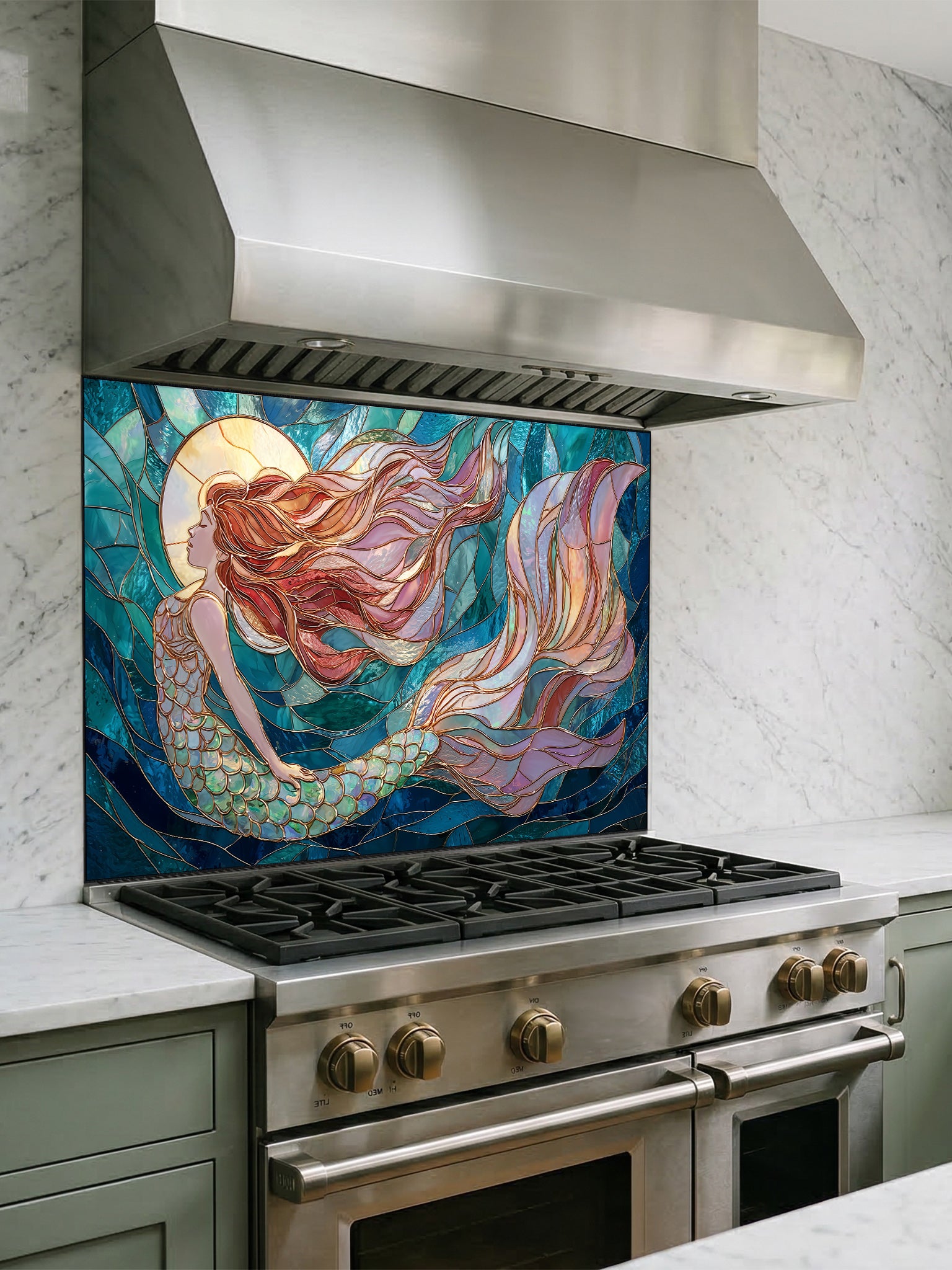 Tempered glass kitchen backsplash featuring a highly realistic 3D illusion of stained glass art showing an elegant mermaid with flowing hair swimming through dynamic ocean waves in deep blues and turquoise, installed behind a modern stainless steel stove.