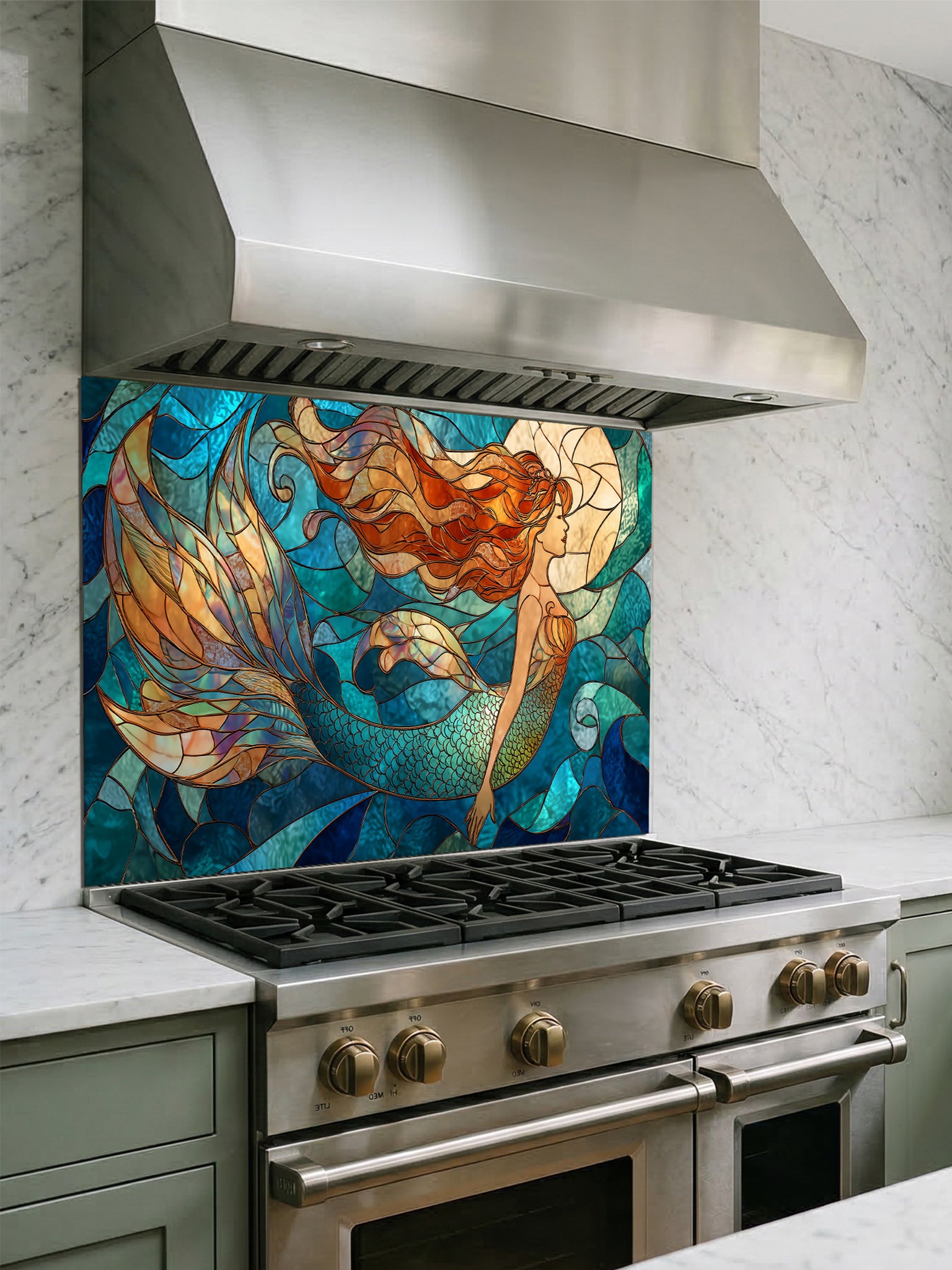 Tempered glass kitchen backsplash featuring a vibrant faux stained glass design of a graceful mermaid with flowing hair swimming in a blue ocean under a glowing moon, installed behind a modern stainless steel stove.
