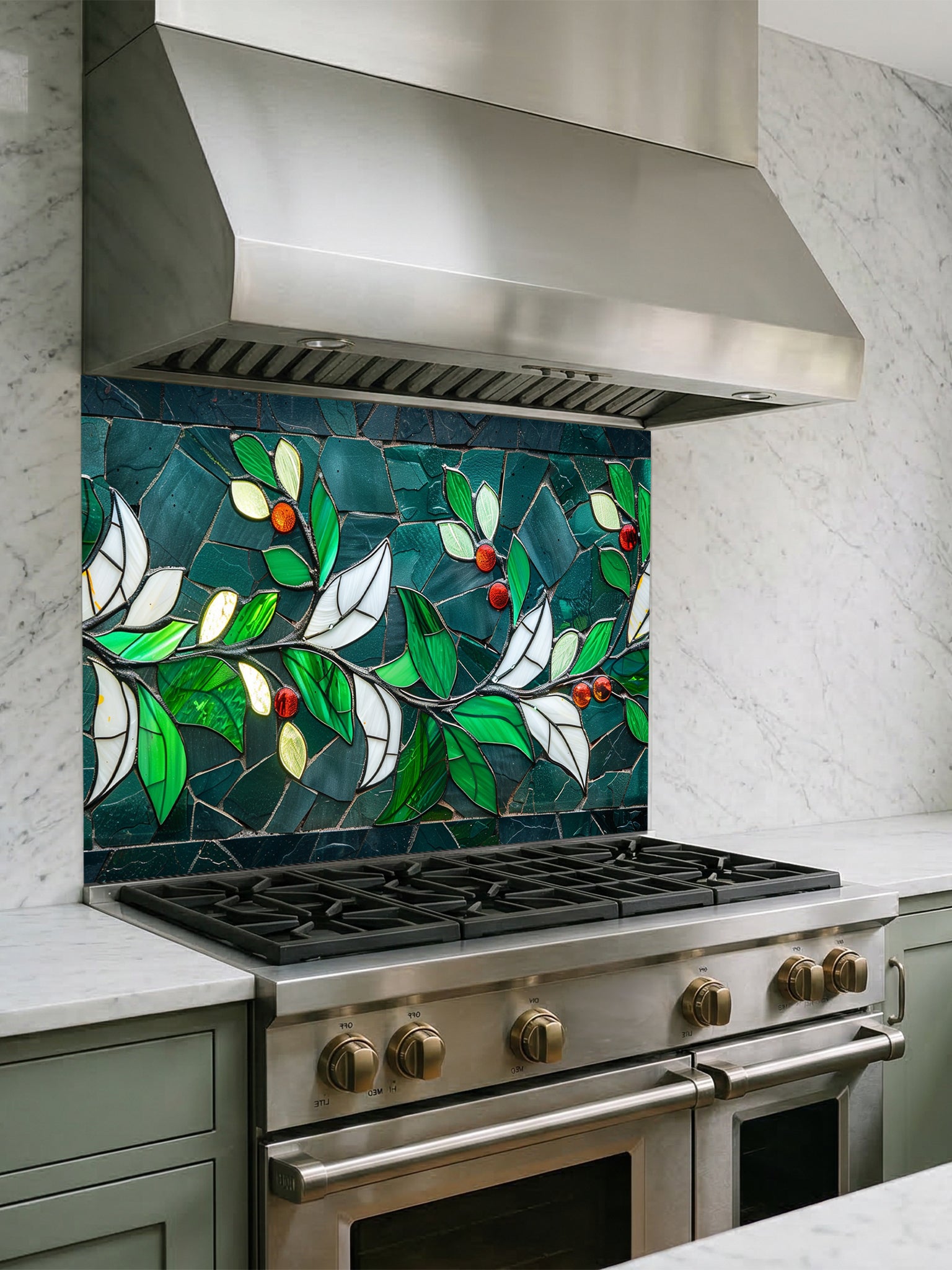 Tempered glass kitchen backsplash featuring a highly realistic 3D illusion of stained glass and mosaic art showing a graceful branch with vibrant emerald green and white leaves and glowing red berries against a dark teal background, installed behind a modern black stove.