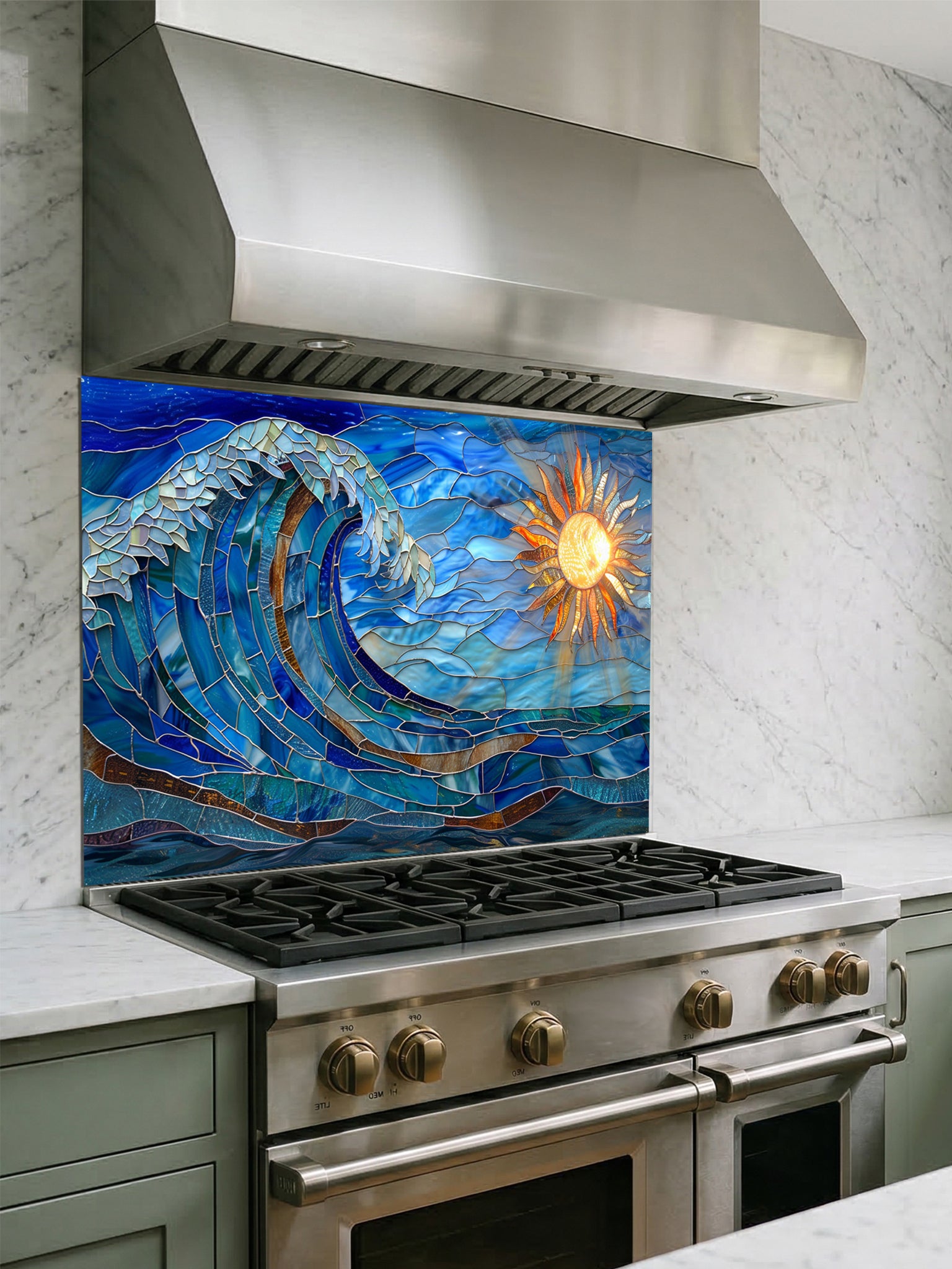 Tempered glass kitchen backsplash featuring a vibrant faux stained glass design of a dynamic crashing ocean wave in blues and teals, with a glowing golden sun and sunbeams on the right, installed behind a modern stainless steel stove.