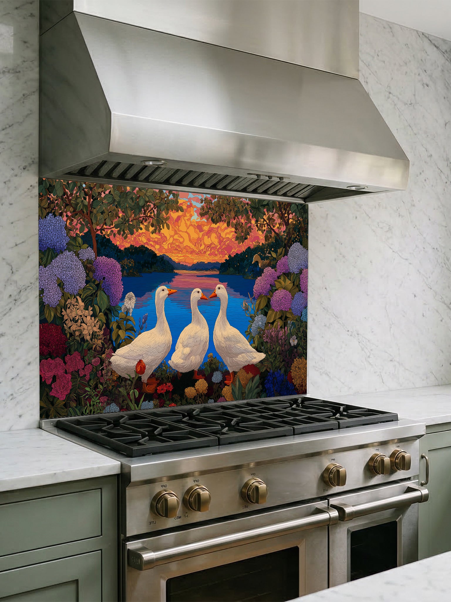 Vintage style illustration of three white ducks by a calm lake at sunset, framed by lush hydrangeas and wildflowers, UV printed on a smooth tempered glass kitchen backsplash.