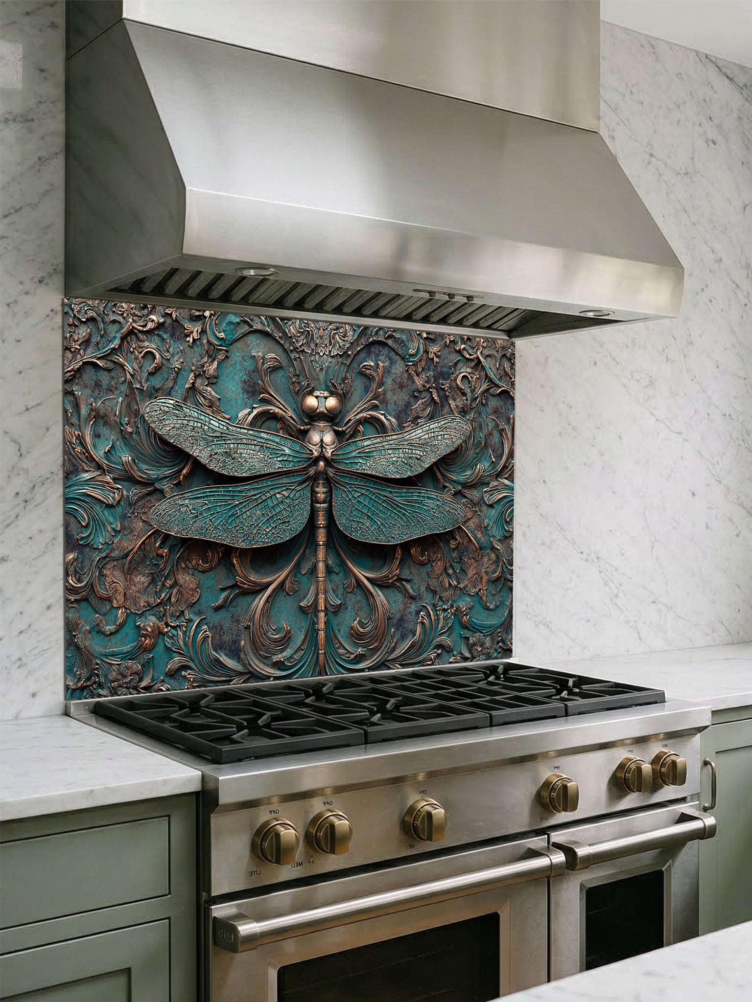 Tempered glass kitchen backsplash featuring a highly realistic 3D faux metal relief design of a detailed dragonfly and ornate antique bronze baroque scrollwork over a textured oxidized teal background, installed behind a modern stainless steel stove.