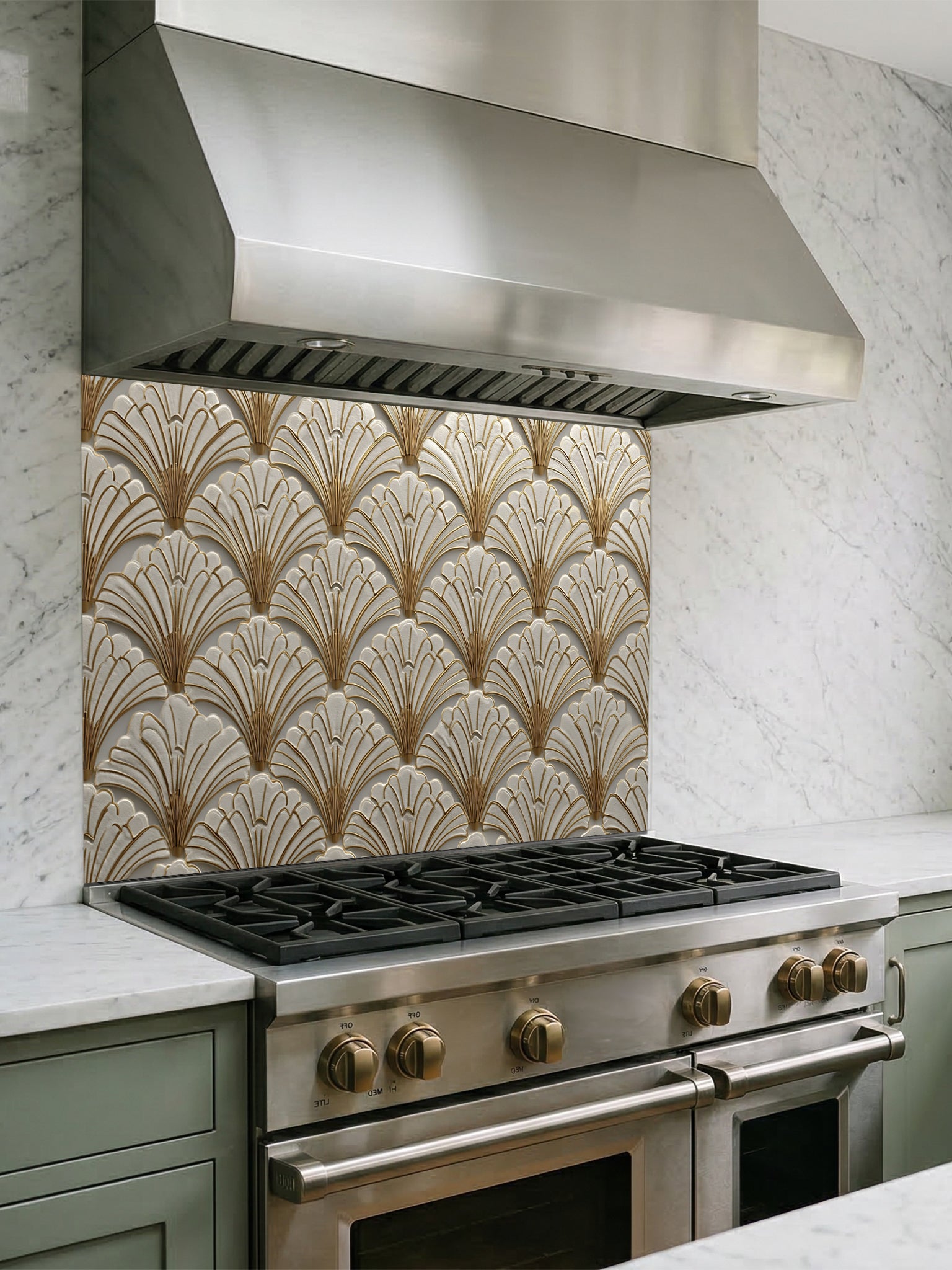 Tempered glass kitchen backsplash featuring a highly realistic 3D illusion of an Art Deco scalloped fan pattern in creamy ivory with elegant faux gold metallic outlines, installed behind a modern black stove.